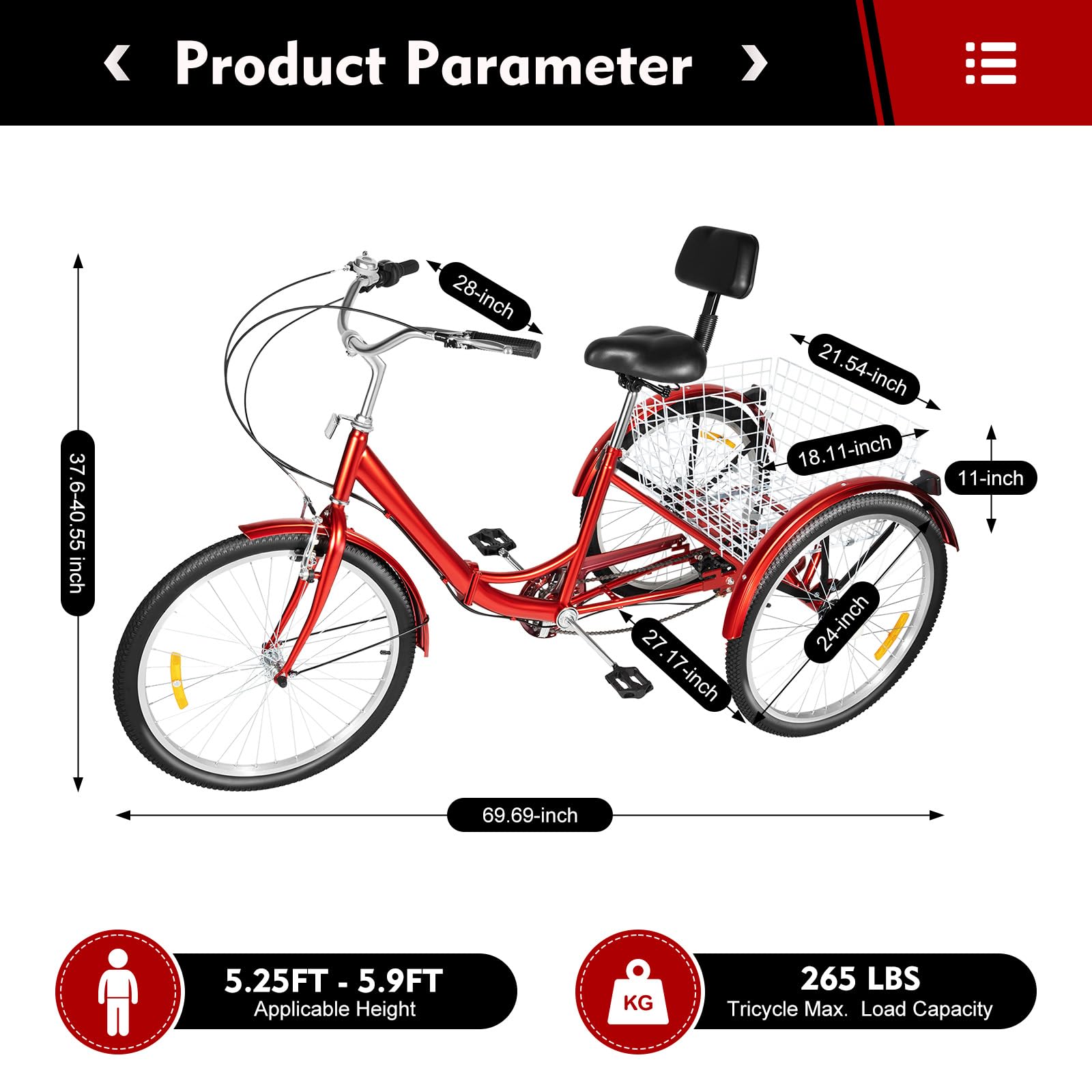 Tricycle pliable 24 pouces pour adulte - Vélo 3 roues et 7 vitesses - Avec panier de courses - Rouge