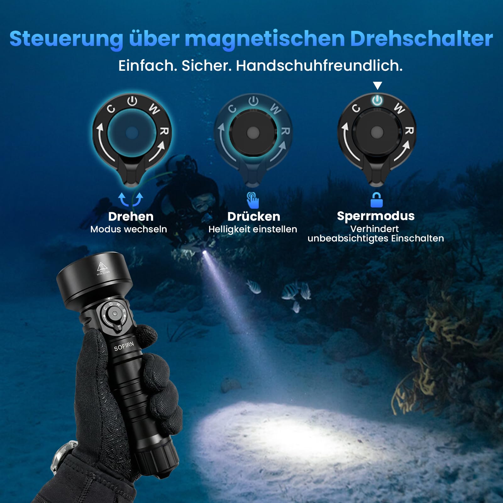 Sofirn SD11 Tauchlampe, 5000LM, CRI 90, Wiederaufladbare Taschenlampe mit 660NM Rotlicht, 3000K-6500K, USB-C, IPX8, mit 1/4"-Gewinde und Sicherungsschlaufe, für Unterwasserfotografie, Angeln