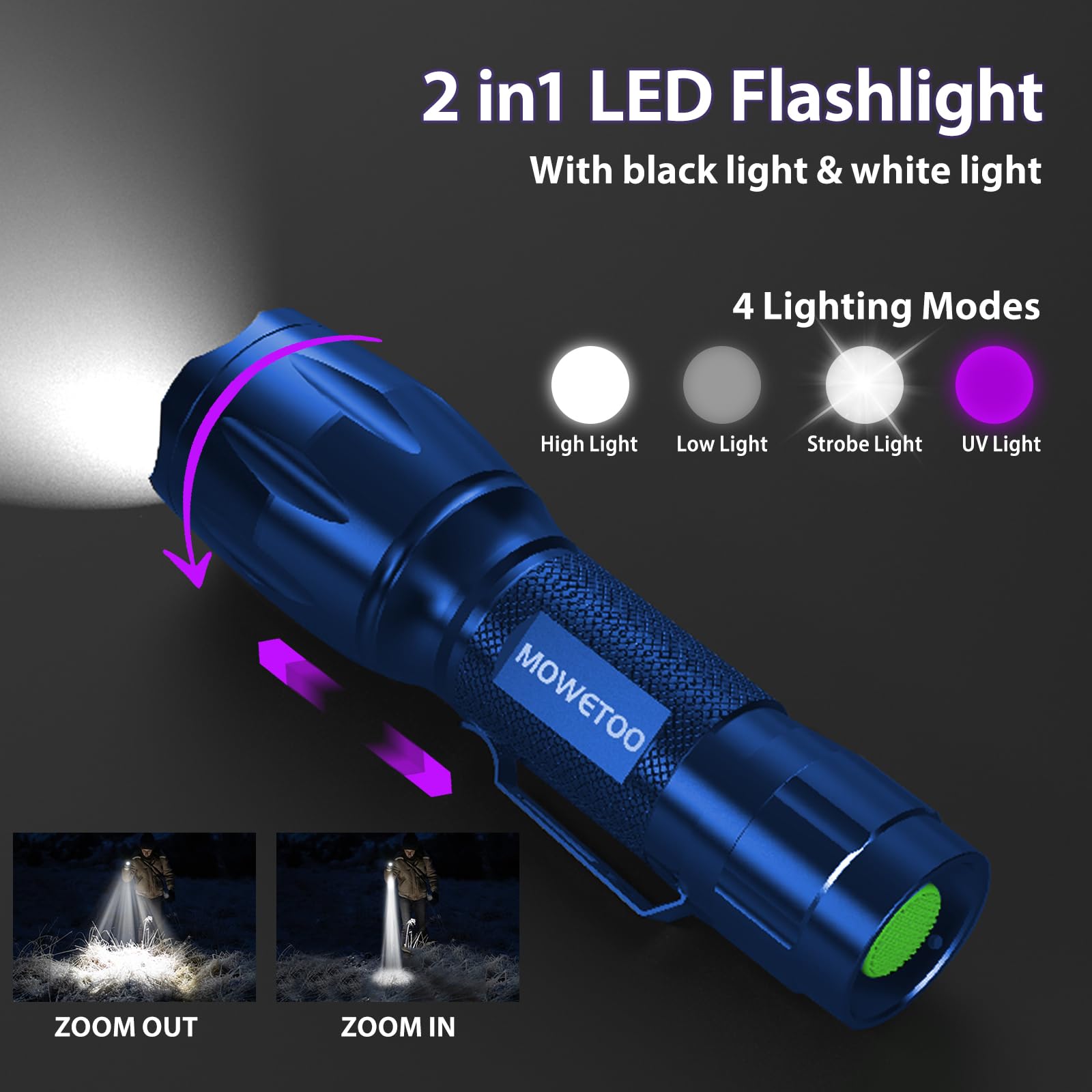 Torcia UV Nera Ricaricabile 395nm, Torcia A Doppia Sorgente Bianca E Uv Luce Nera E Bianca 2 In 1 2 Modalita 99072405 - Foto 5