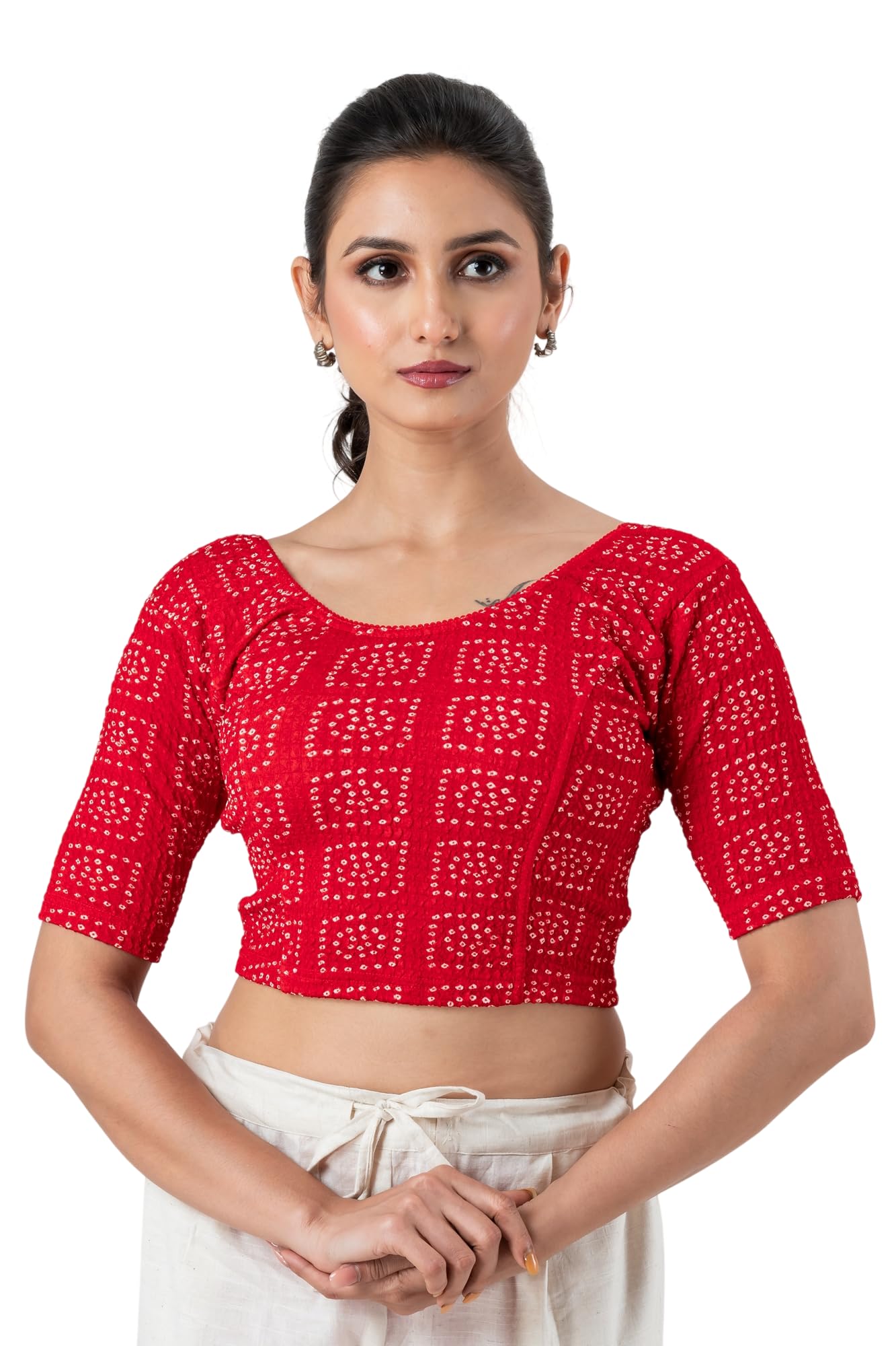 Bandhani Design Printed Stretchable Blouse for Women | Readymade Saree Blouse for Ladies | Soft Stretch Fabric | Elbow Sleeve Ethnic Blouse for Saree Lehenga Choli-image-16
