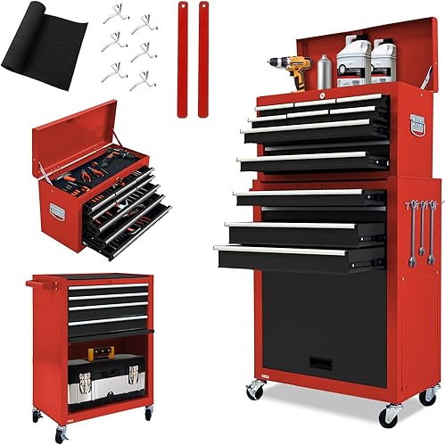 Kirmoasl - Cofre de herramientas con ruedas de 13 cajones, baúl de herramientas grande con ruedas, 2 en 1 baúl de herramientas desmontables,