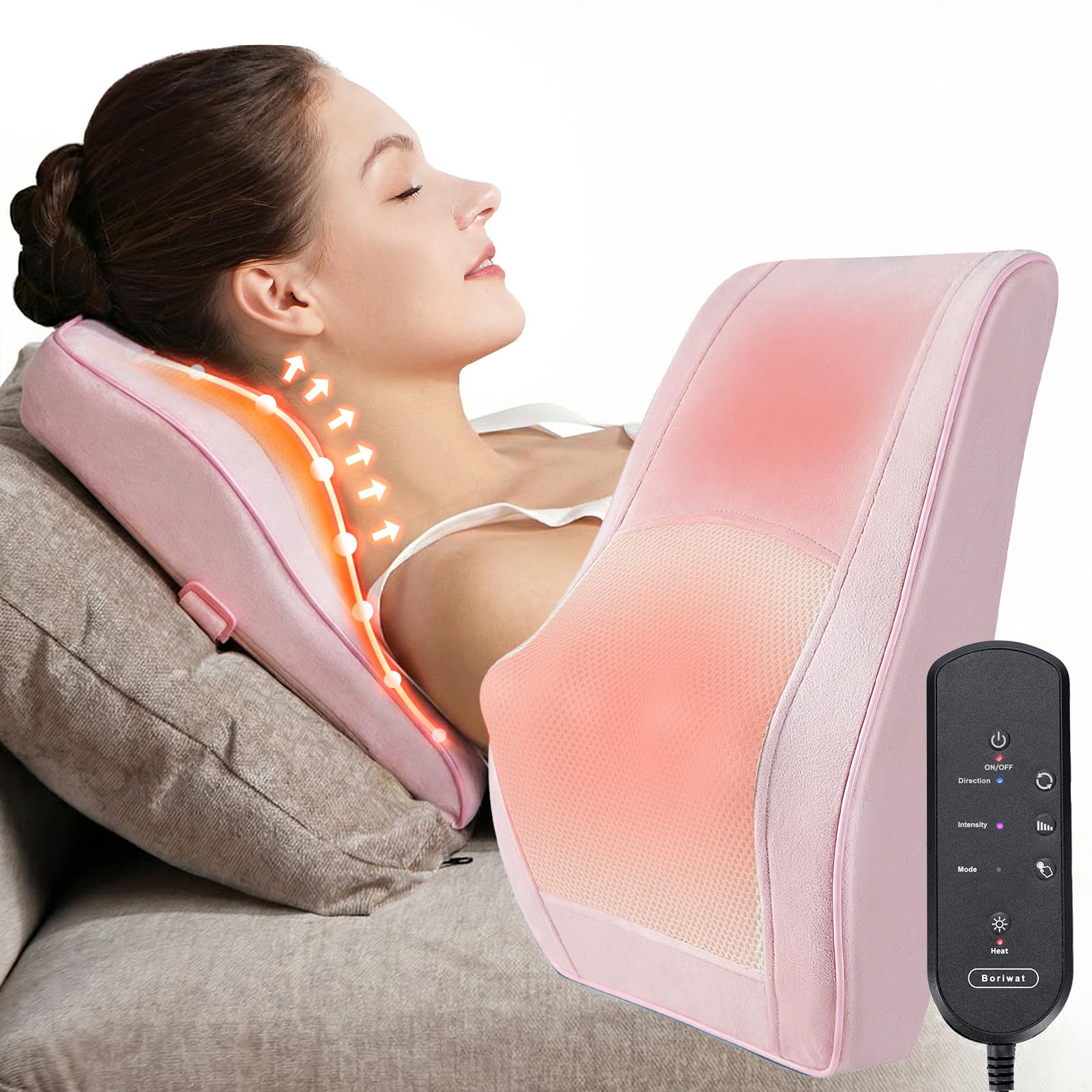 Boriwat Neck Massager with Heat, Back Massager &amp; Deep Tissue Massager, 3D Kneading Massage Pillow for Neck, Back, Shoulder, Leg, Gifts Men Women Mom Dad, Stress Relax at Home Office and Car (Pink)