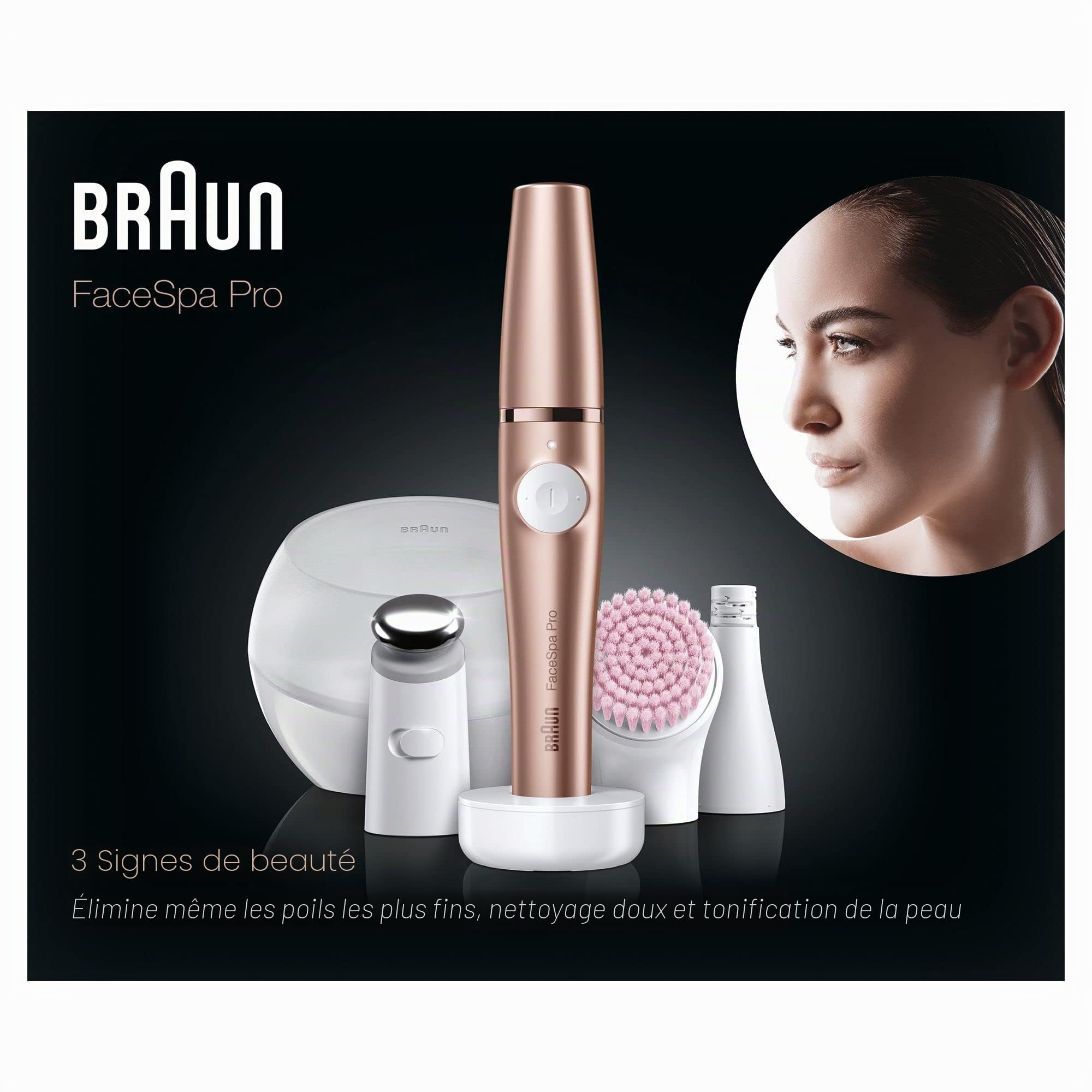Braun Epilateur Visage Pour Femme FaceSpa Pro SE921, Epilation Tout-en-Un, Démaquillage Avec Une Brosse Nettoyante Pour Les Peaux Sensibles Et Tête Raffermissante, Appareil Soins Du Visage Portable