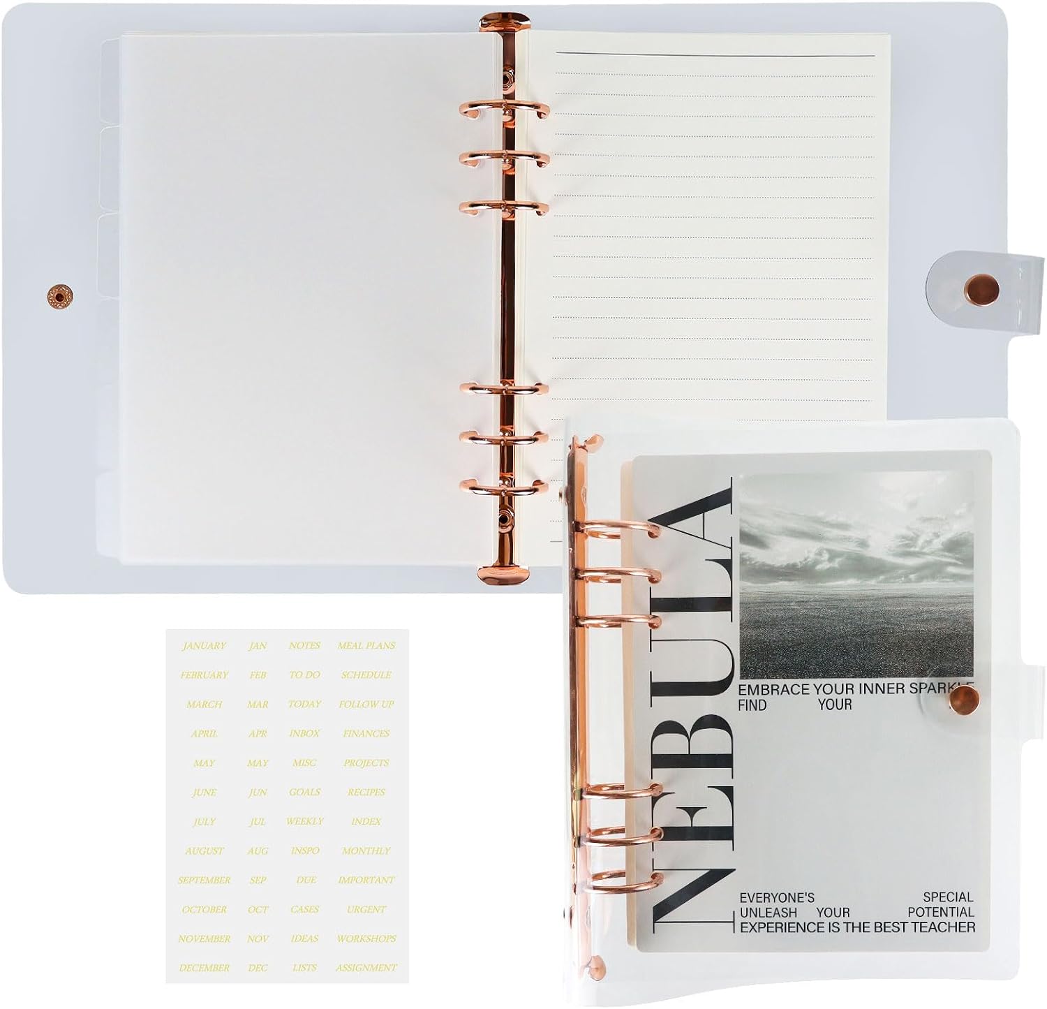 Koqye A5 6-Ring PVC Binder Cover, Transparent PVC A5 Planner Binder Notebook Cover with Insert 90 Sheets Paper and Dividers Stickers Set (Rose Gold)