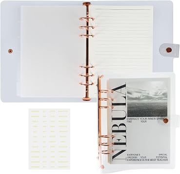 Koqye A5 6-Ring PVC Binder Cover, Transparent PVC A5 Planner Binder Notebook Cover with Insert 90 Sheets Paper and Dividers Stickers Set Rose Gold