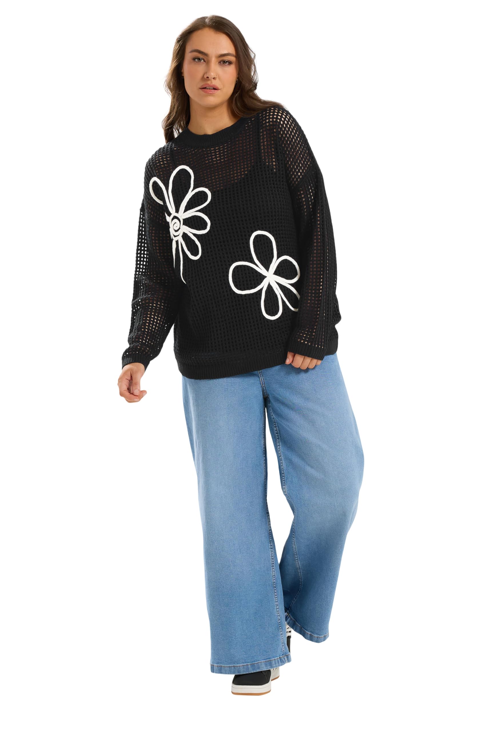 Yours Curve Crochet Knit Floral Knitted Jumper - Women's - Plus Size Curve Black