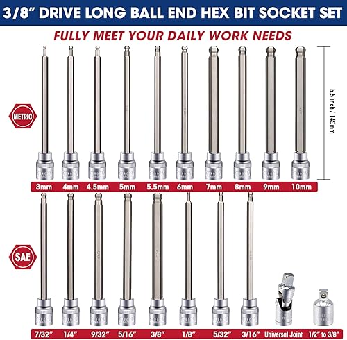 Miniatura 2 de RIZOM Juego de 20 piezas de dados hexagonales de extremo de bola de 38 pulgadas, juego de llaves Allen extralargas, SAE y métricas (18-38 pulgadas,