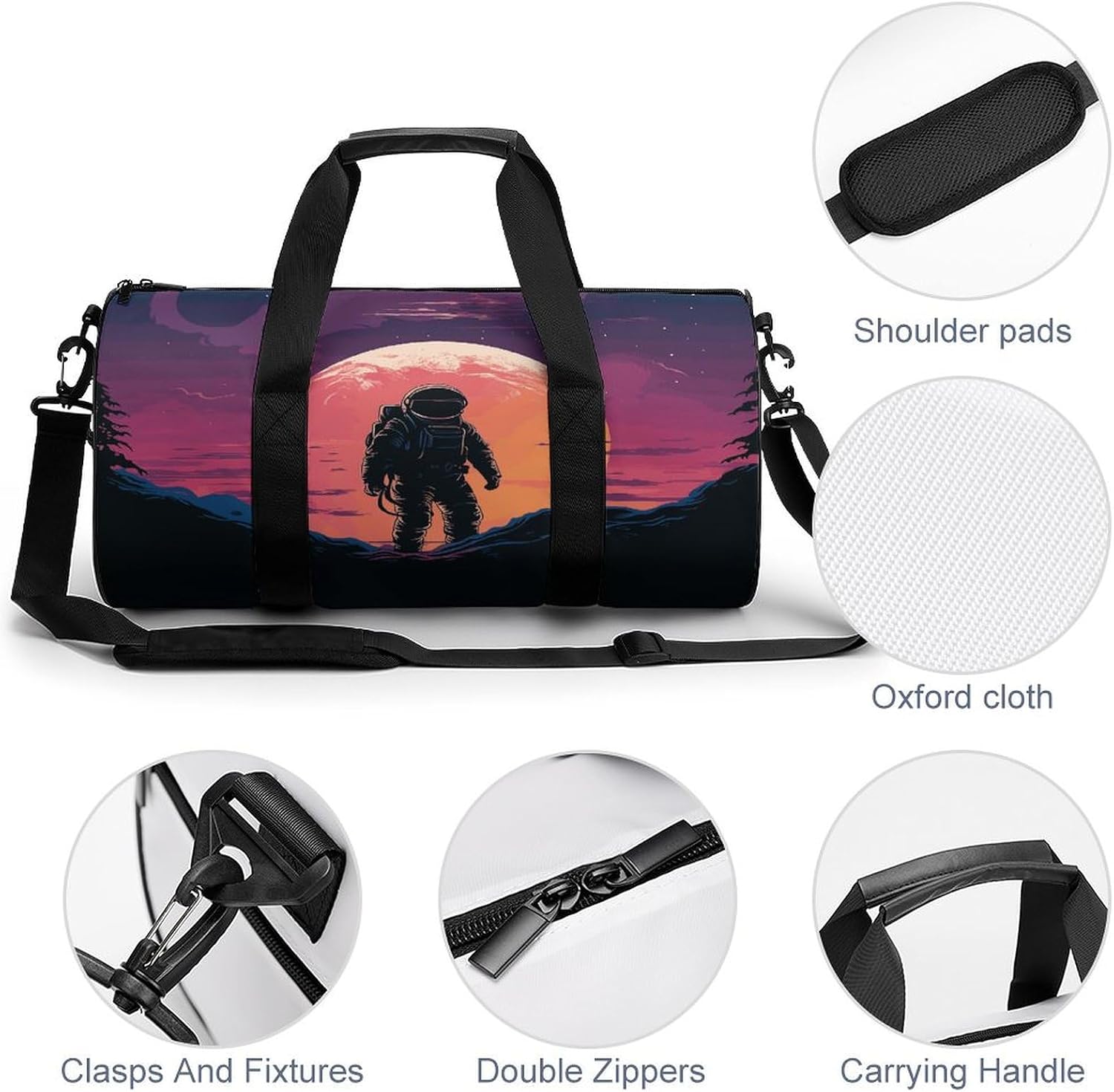 Aesthetic Sports Bag for Women Cool Astronaut Printed Duffle Travel Bag for Men Women Mini Workout Bags Cylindrical Gym Bag