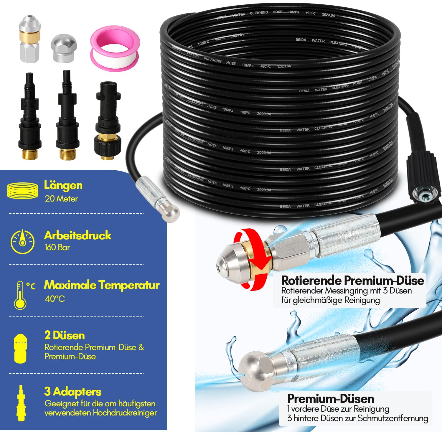 Tubo idropulitrice 20M Resistente alle alte temperature 40°C 160 bar Tubo per la pulizia ad alta pressione, compatibile con lo scovolino per set per la pulizia dei tubi interni ed esterni