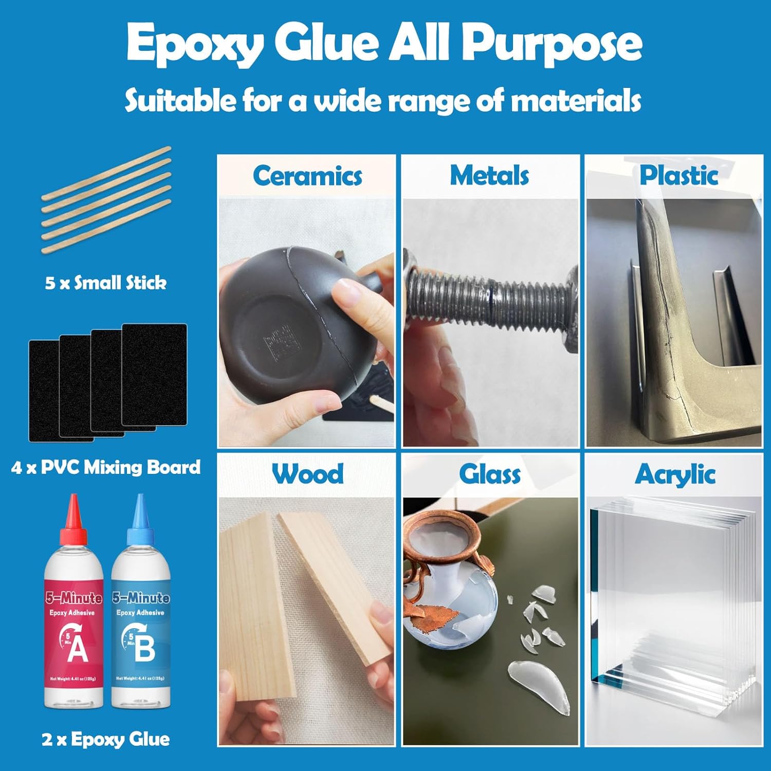 EIGTWEN 5 Minute Epoxy Glue, 2 x 125ml Strong Adhesion Clear Two Part Epoxy Glue All Purpose, Suitable for Metal, Plastic, Wood, Ceramics, Glass and Many Other Materials