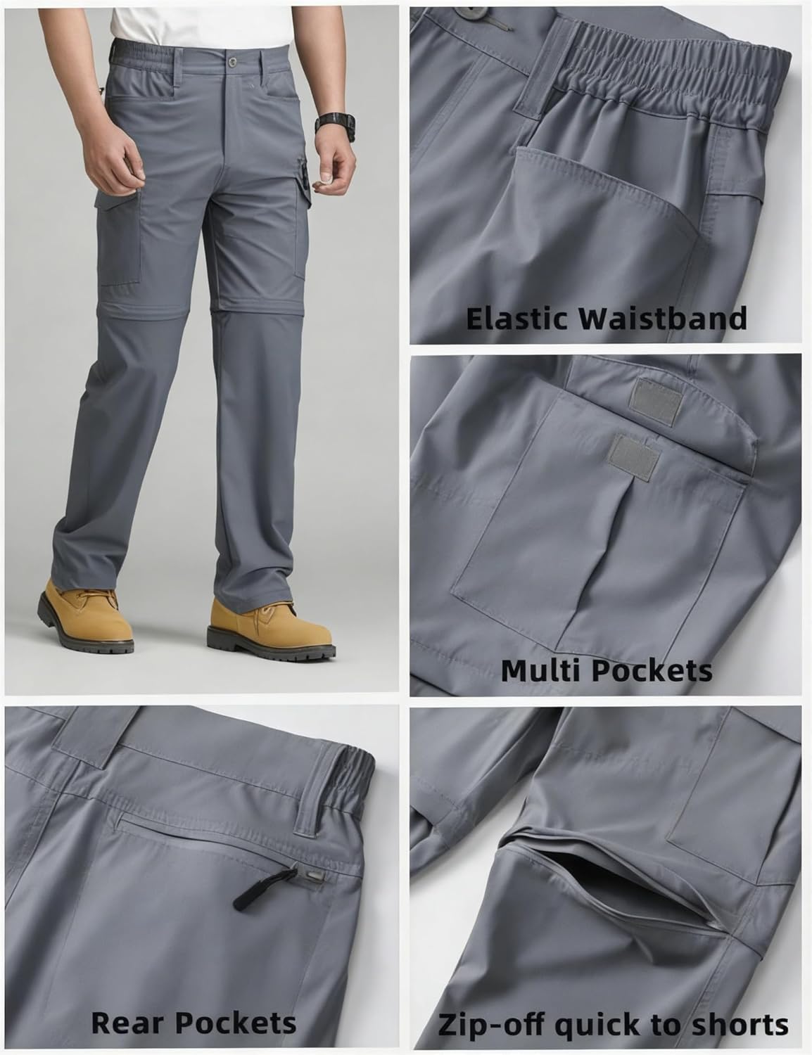 AKARMY Mens Hiking Lightweight Pants Quick Dry Zip Off Outdoor Waterproof Convertible Fishing with 6 Pockets