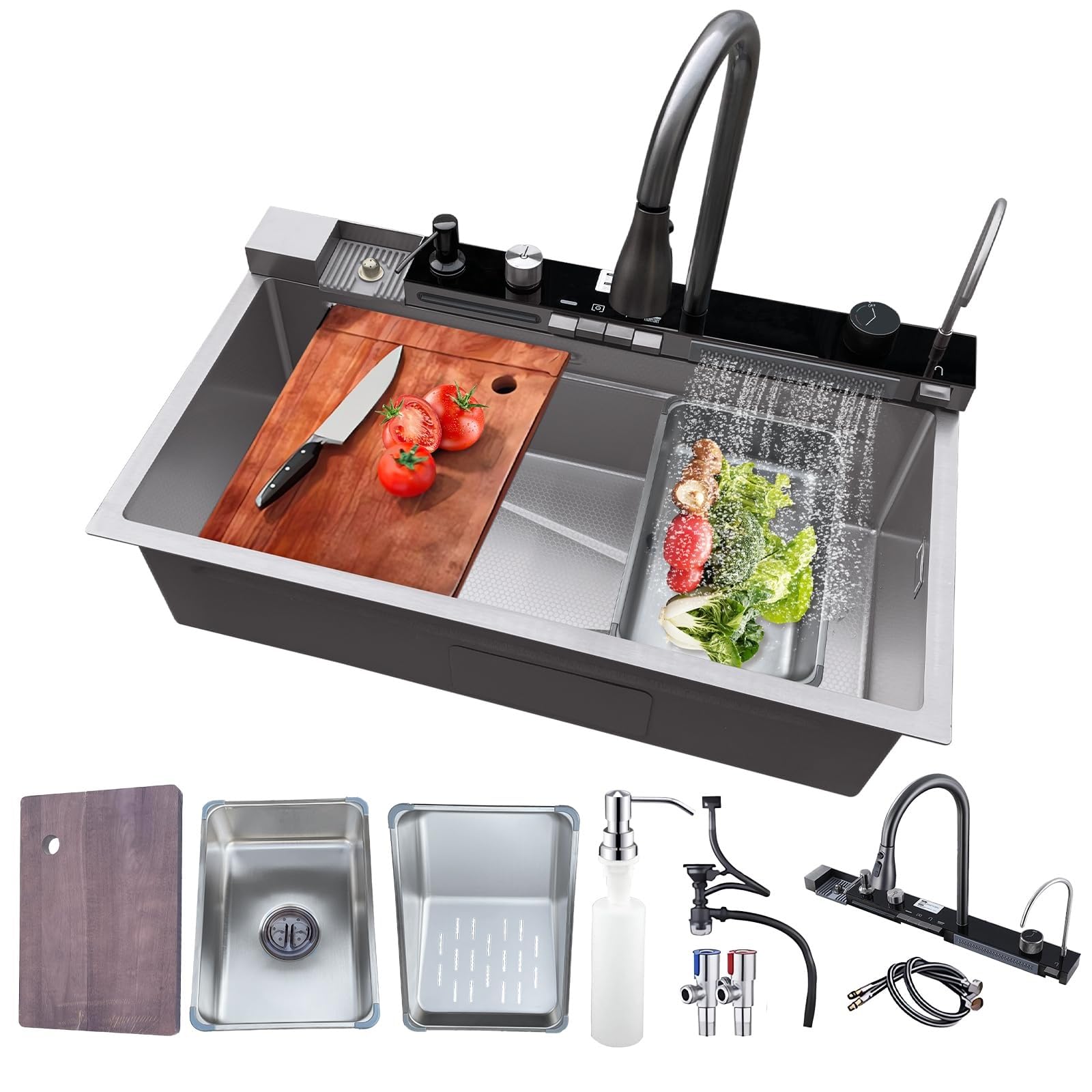 ZQFHSX Stainless Steel Kitchen Sink, Smart Single Bowl with Digital Display, Integrated Pull Out Faucet for Vegetable Basin & Dishwashing