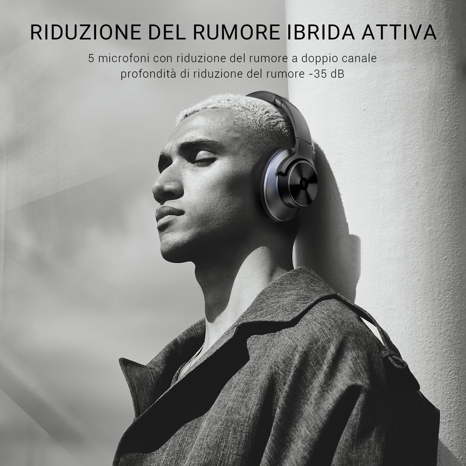 OneOdio A10 Cuffie Bluetooth Over Ear Cuffie Wireless Bluetooth con Cancellazione Attiva Rumore Adattiva fino al 98%,Ttecnologia ANC Ibrida,Riproduzione 62 Ore,Comodo da indossare/Hi-Res suono Nero