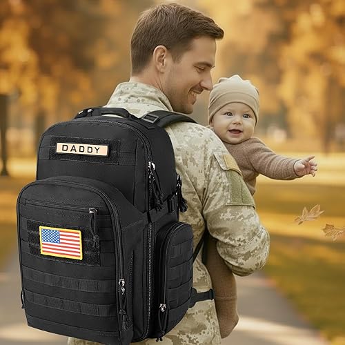 Miniatura 3 de SHARKMOUTH Mochila para pañales para papá, mochilas militares para bebé, con parches para papá, color negro