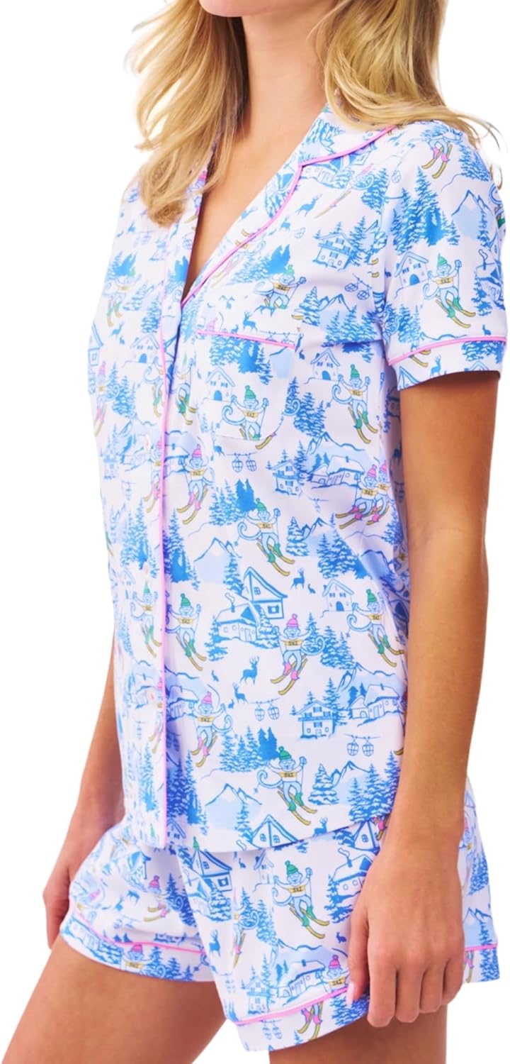 Womens 2 Piece Pajamas Set, Monkey Print Soft Button Down Vacation Beach Shorts Set Y2k Preppy Loungewear Pjs - Image 4