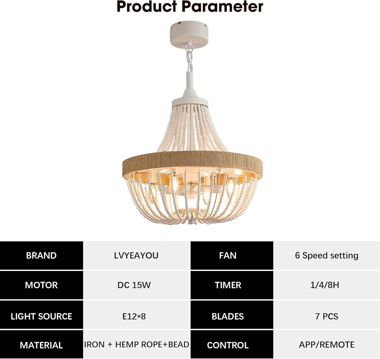 20“ Rustic Beaded Chandelier Ceiling Fan with Lights, Remote & App Control, 6 Speed, 8-Lights Boho Fandelier, for Bedroom, Dining Room (Minimalist White)