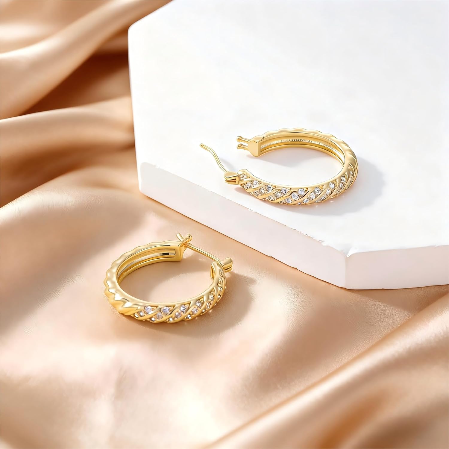 14K Gold Hoop Earrings for Women 14K Gold Earrings Jewelry Spiral Cubic Zirconia Thick Hoops Hypoallergenic Womens Huggie Earring 25/30MM