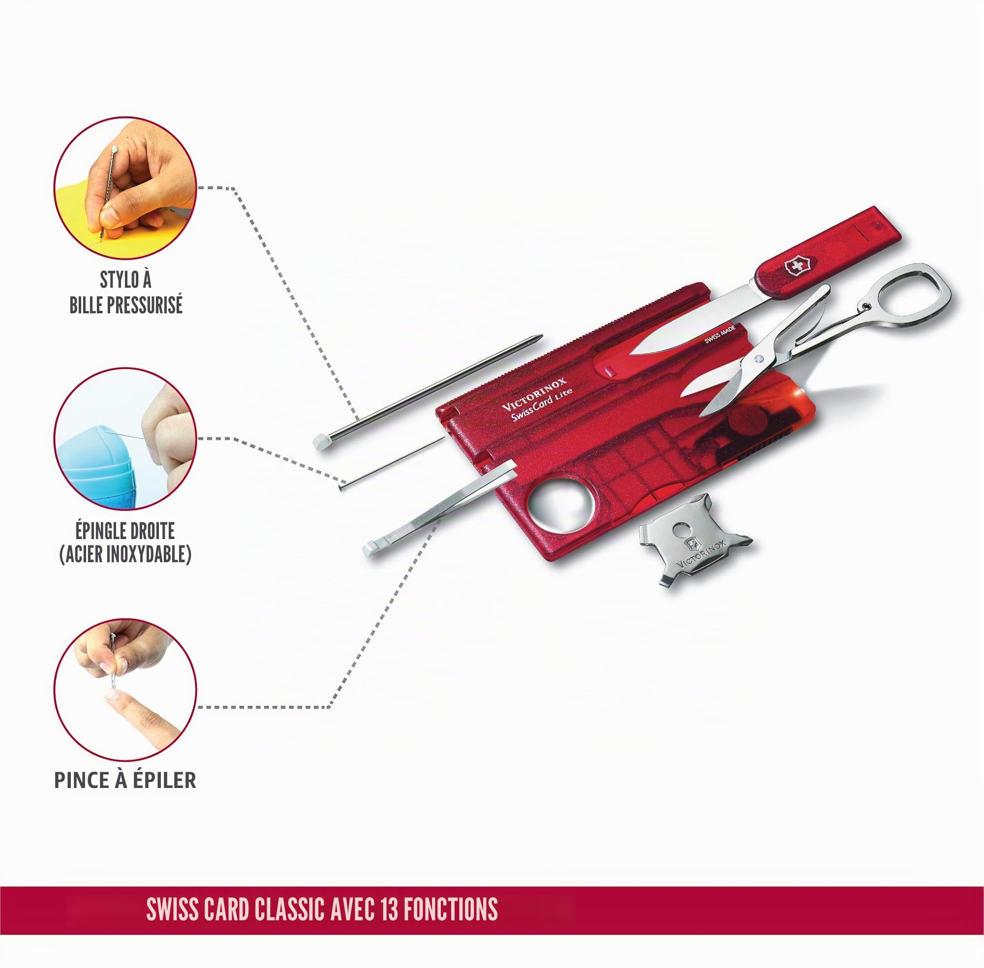 Victorinox Swiss Card Lite, Multitool de Poche Suisse, 13 Fonctions, Led, Loupe, Rouge Transparent & Aiguisoir Double pour Couteaux, Swiss Made, Portable, Noir/Rouge
