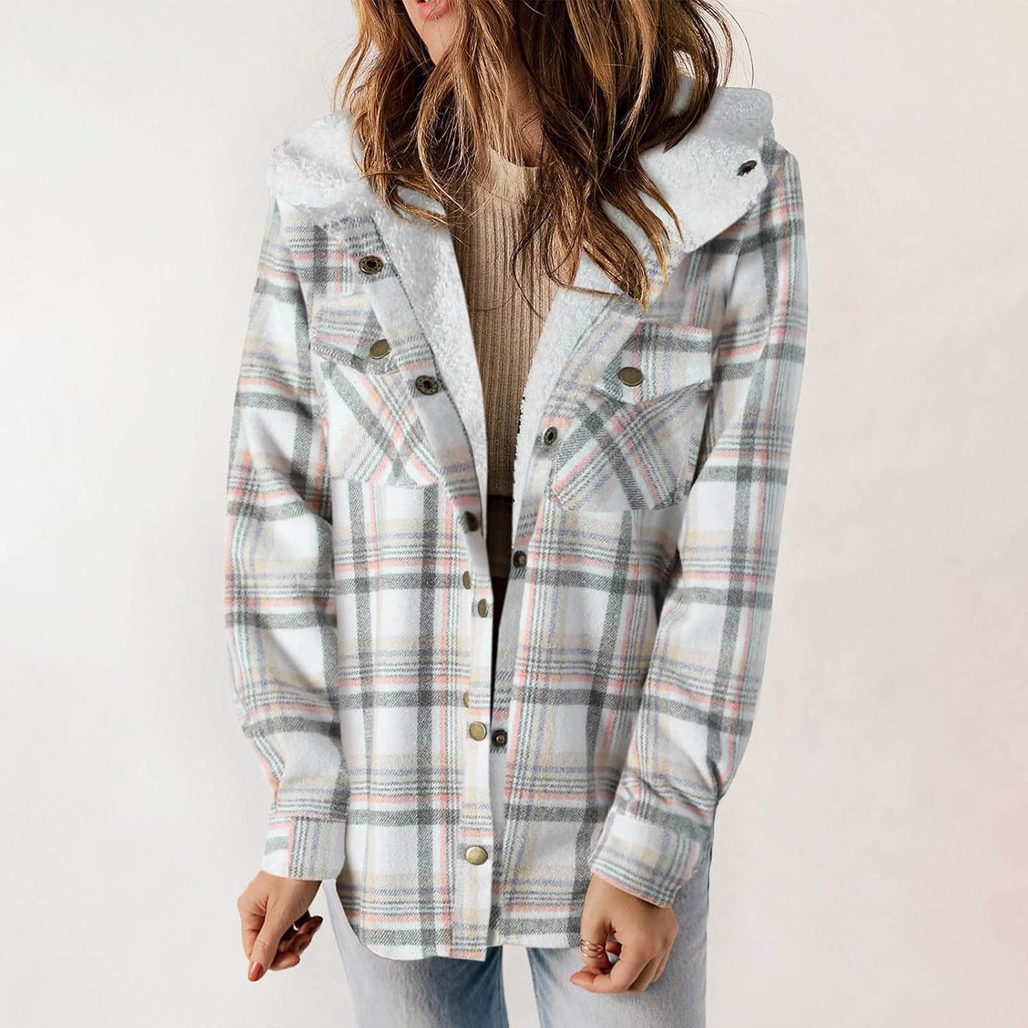 Women's Flannel Shirts Casual Button Down Hoodie Plaid Shirt Jacket Long Sleeve Fleece Shacket with Pockets