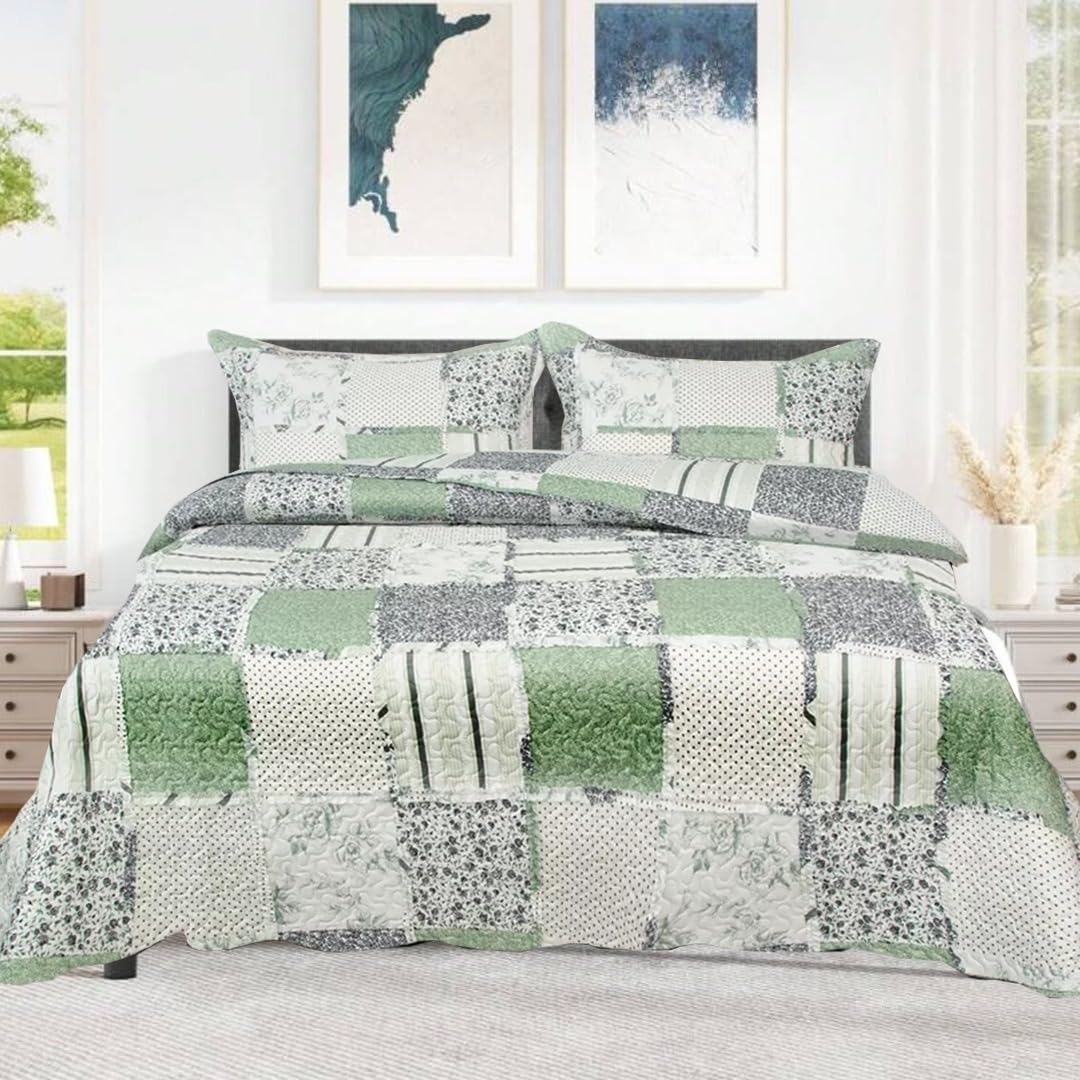 ZIYA HOMES Double Quilted Reversible Patchwork Bedspread Comforter Bed Throw with Pillow Sham Coverlet 3-Piece Bedding Set Cotton Bedsheet Machine Washable Allergic Free