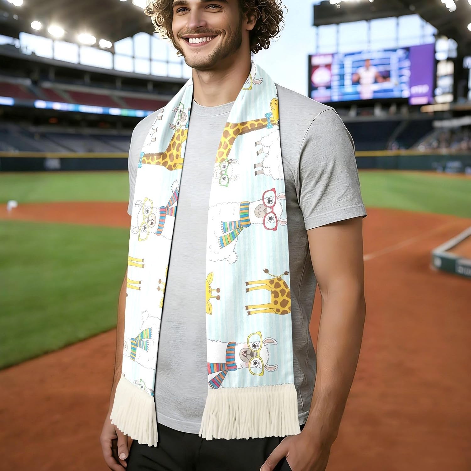 CHIFIGNO Cartoon Llamas Giraffes Blue Sports Fan Scarf with Fringe Ends, Soft Polyester Sweat Towel for Soccer Game Cheering