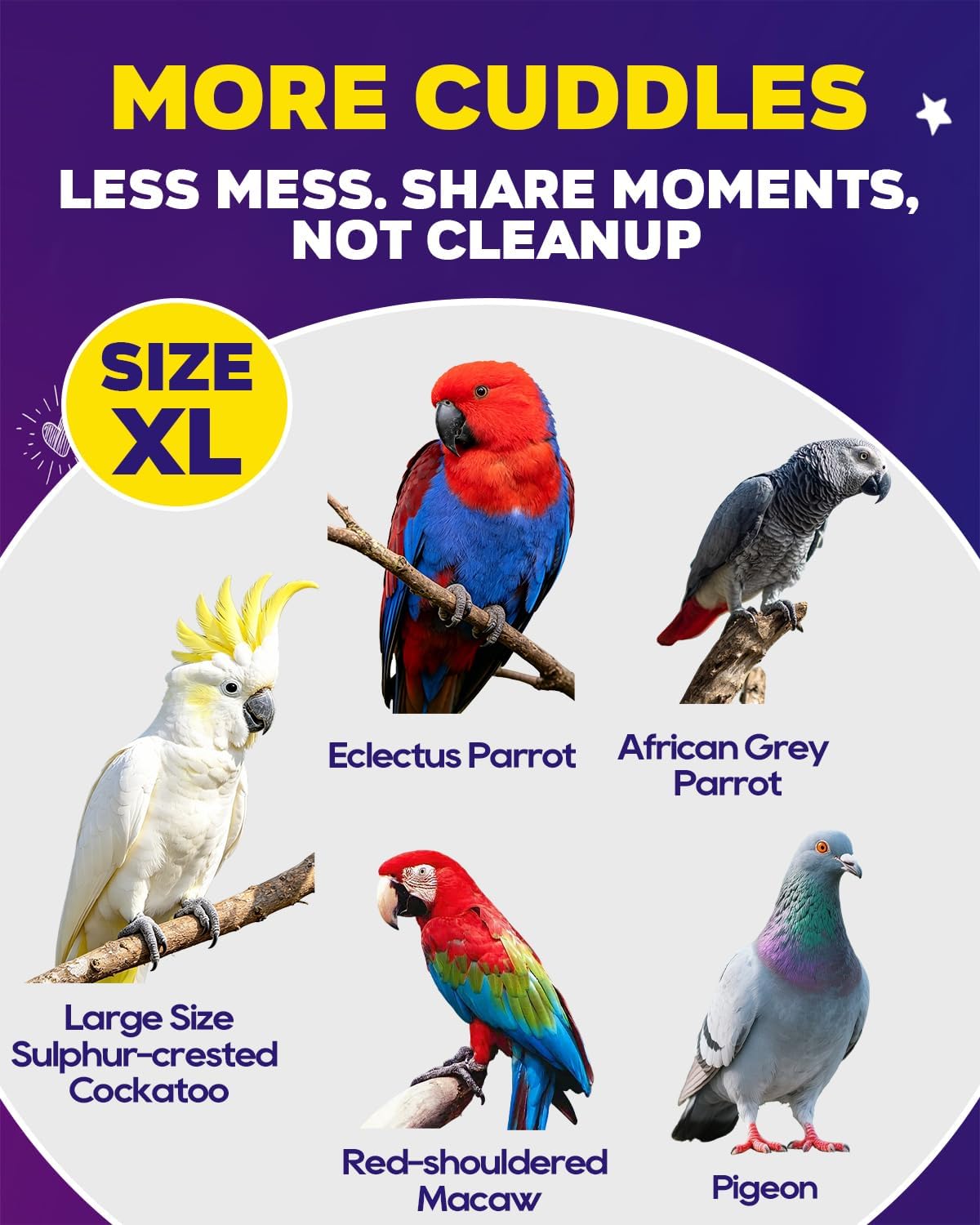 6Pcs Large Size Bird Diapers, Reusable Parrot Pigeon Pants, Leakproof Poop Control Suit for Cockatiel Conure Macaw Parakeet, Indoor Outdoor Nappy for Medium Birds (XL)