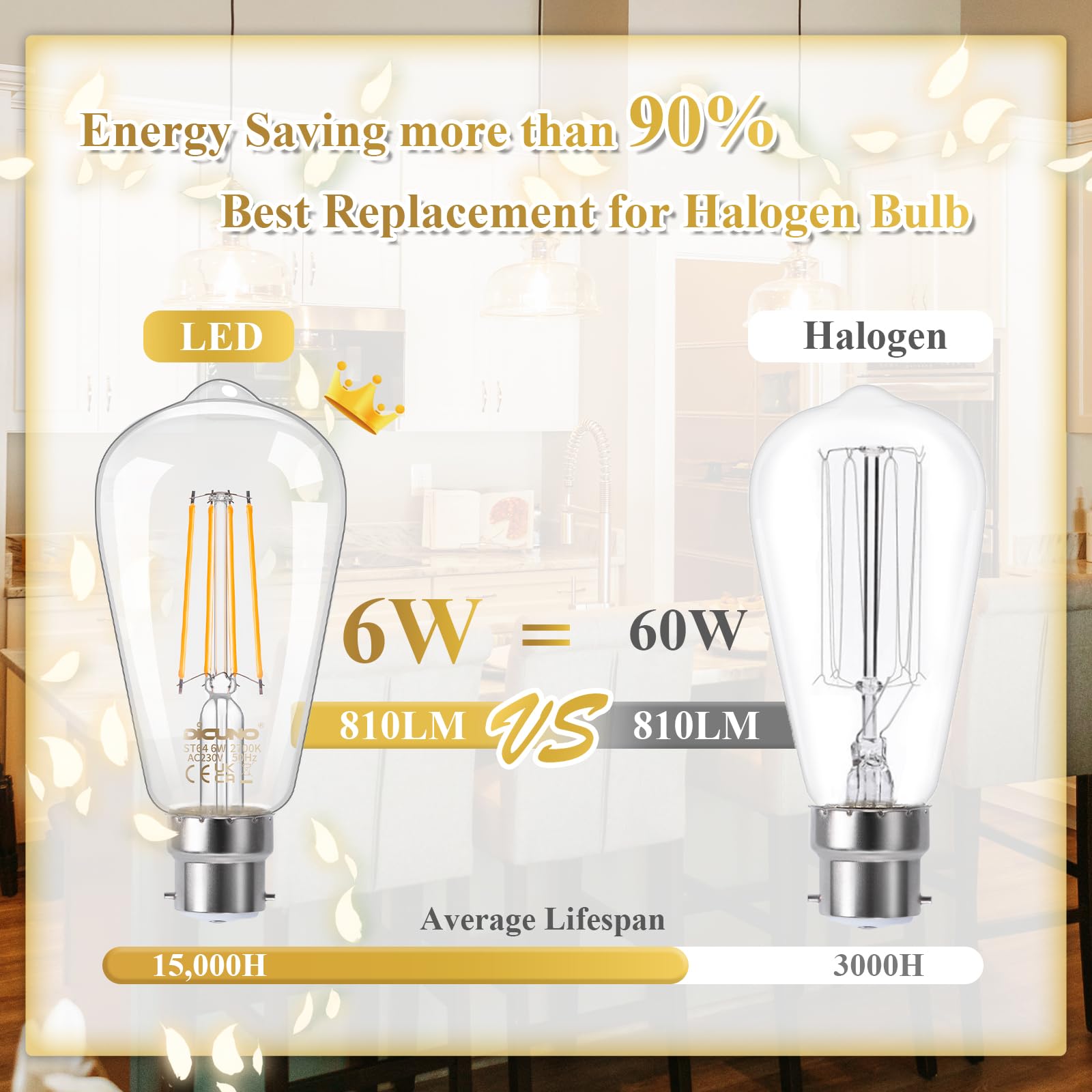 DiCUNO Vintage Edison Light Bulb B22 Bayonet Light ST64, 6W Equivalent to 60W, Filament Clear LED Bulb, Warm White 2700K - Image 4