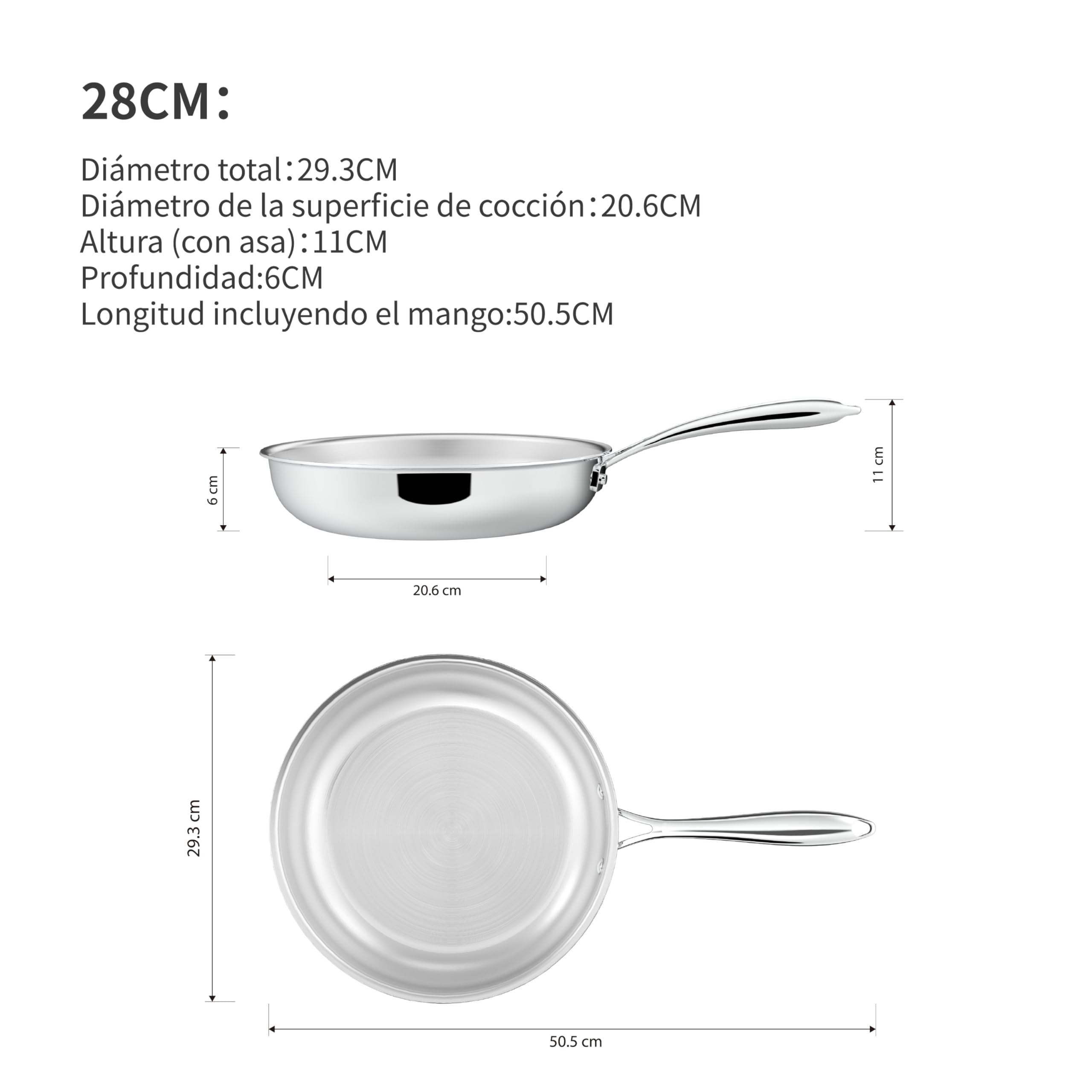 Juego de sartenes de 5 capas de acero inoxidable 2, incl. sartenes de acero inoxidable de 24 cm y 28 cm, apto para lavavajillas y horno, sartenes para inducción