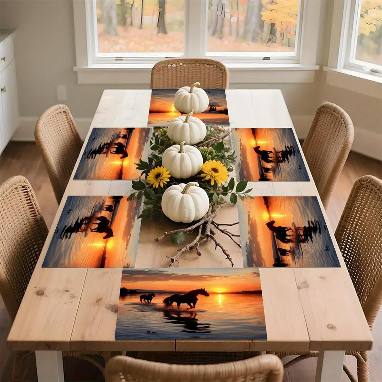 Sunsets Lake Horses Placemats Heat-Resistant Washable Place Mats Anti Slip Dining Table Place Mats Wipeable Dining Table Mats Kitchen Decoration Placemats 17.7’’×11.8’’
