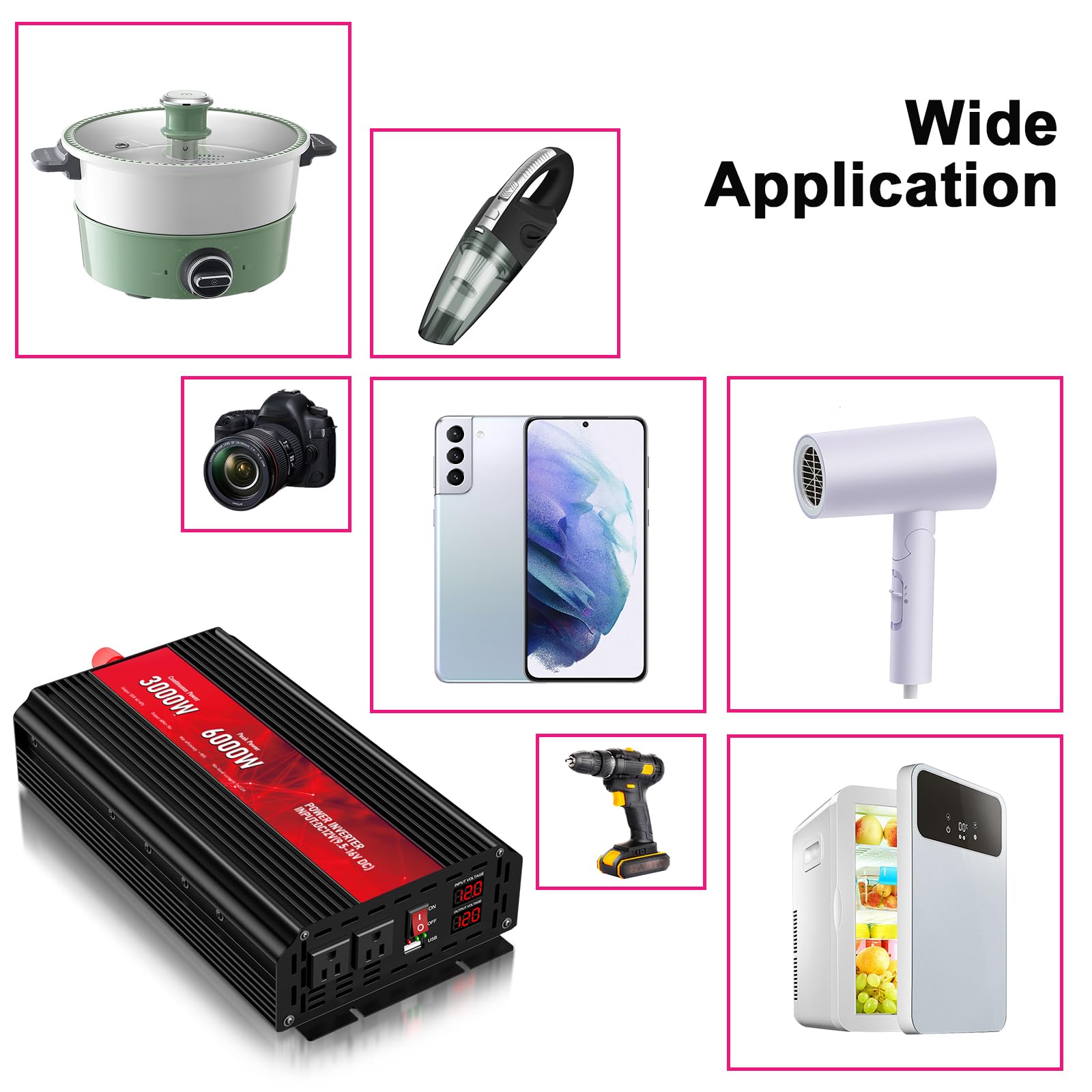 Leistungswandler 3000W DC 12V auf AC 110V 120V Maximale Leistung 6000W mit 2AC Ausgängen und USB 2.4 Port, LCD Anzeige Auto Wechselrichter für Outdoor Aktivit ten