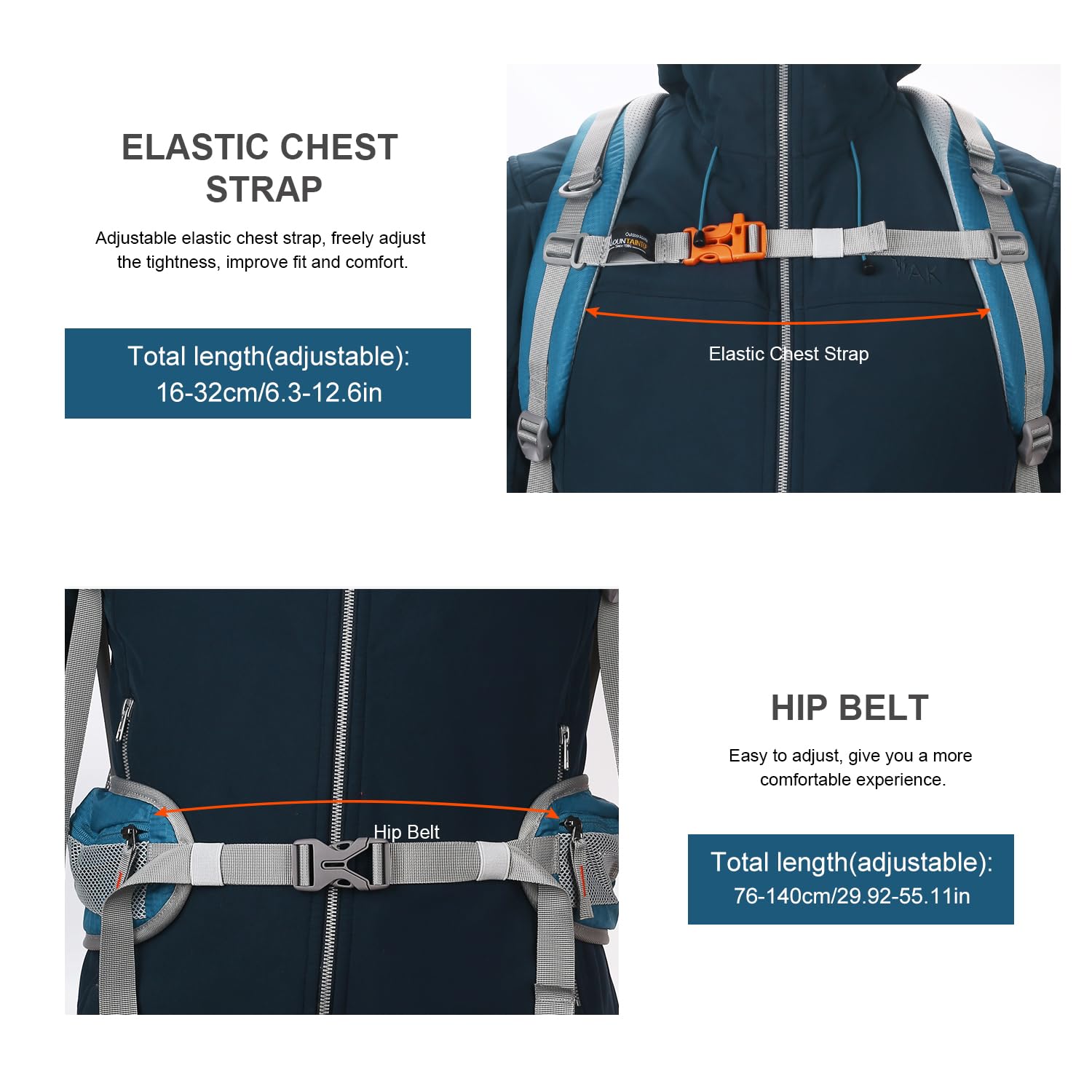 Mountaintop Zaino da trekking da 25 l/40 l, unisex, per escursioni, 40 l, blu mare, 40 L | Zaino da trekking YKK, con protezione antipioggia, per campeggio, viaggi