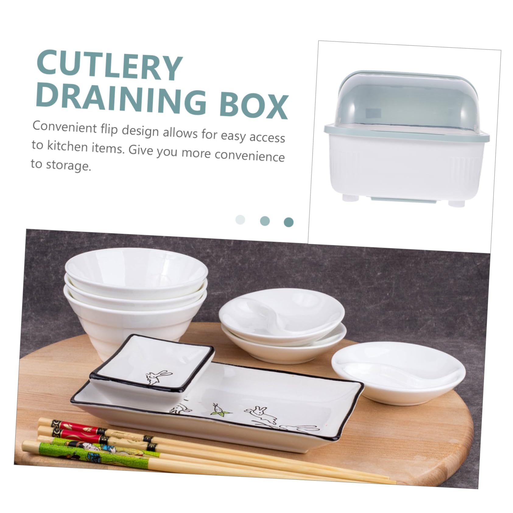 Cactus Abtropfgestell - Platzsparender Küchenspüle Organizer, abgedecktes Design für 3-4 Personen, hält Geschirr sauber & trocken, stilvolle weiße Box mit Klappdeckel