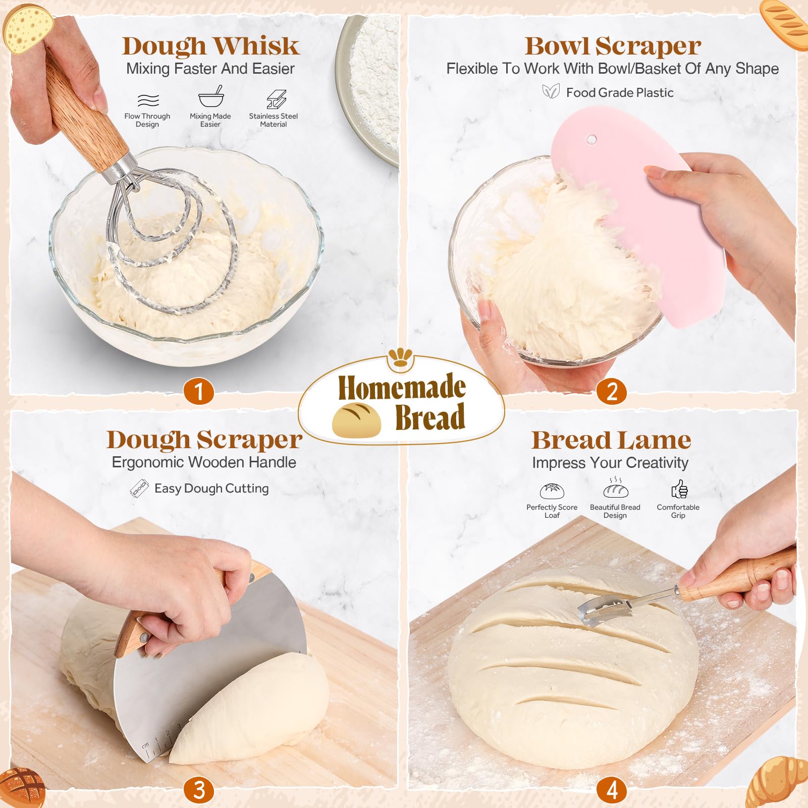 Kit de Démarrage au Levain,730ml Sourdough Starter Kit avec Thermomètre,Bande D'alimentation Marquée de La Date,Tapis de Cuisson,Lame Boulanger,Spatule,Couvercle en Tissu