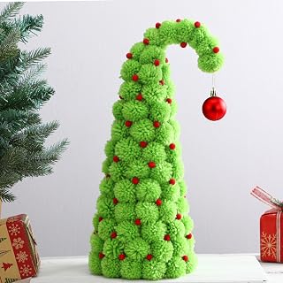 Leinuosen 17.7 Inch Lime Green Christmas Tree Whimsical Christmas Tree Tabletop Decoration Small Curved Trees with Red Ball Ornament Xmas Pompoms Centerpiece for Home Tabletop Desktop Decoration