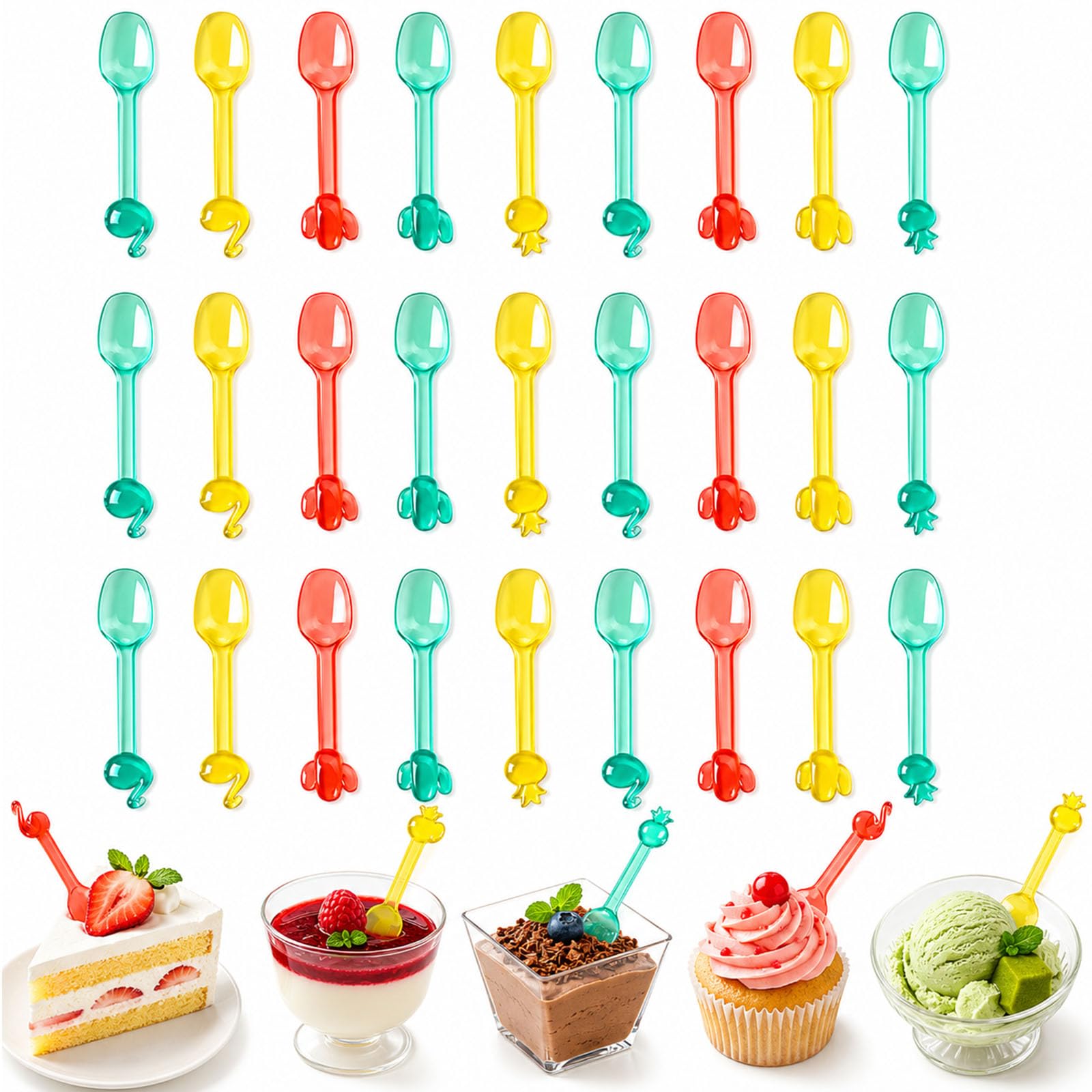 Tinminx 27 Pcs Mini Dessert Spoons, Colourful Reusable Plastic Ice Cream Spoons with Flamingo, Pineapple and Cactus Handles for Gelato, Yoghurt, Jelly and Cake