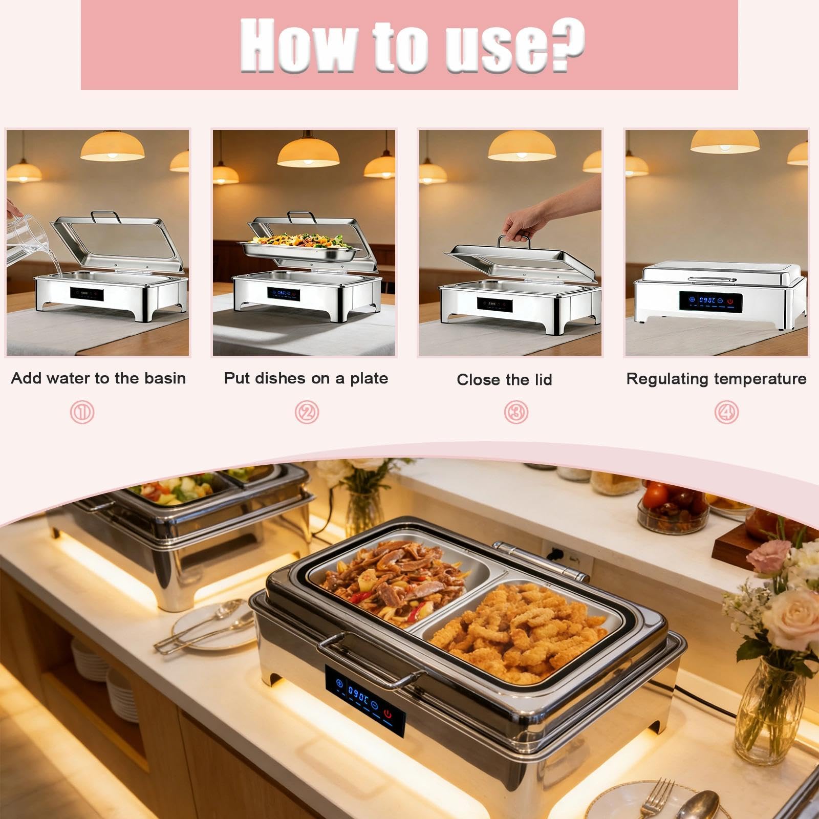 Chafing Dish Elettrico, 9L Scaldavivande Elettrico Acciaio Inox, Professionale Chafing Dish Buffet Elettrico Temperatura Regolabile con Coperchio Visibile per Hotel, 400W(1/3)