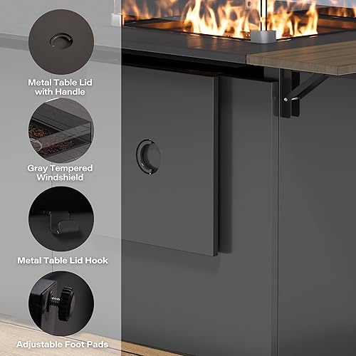 Miniatura 9 de LAUSAINT HOME Mesa para fogata de propano de 43 pulgadas con tapa, fogatas de gas de 55,000 BTU para patio exterior con protector de viento