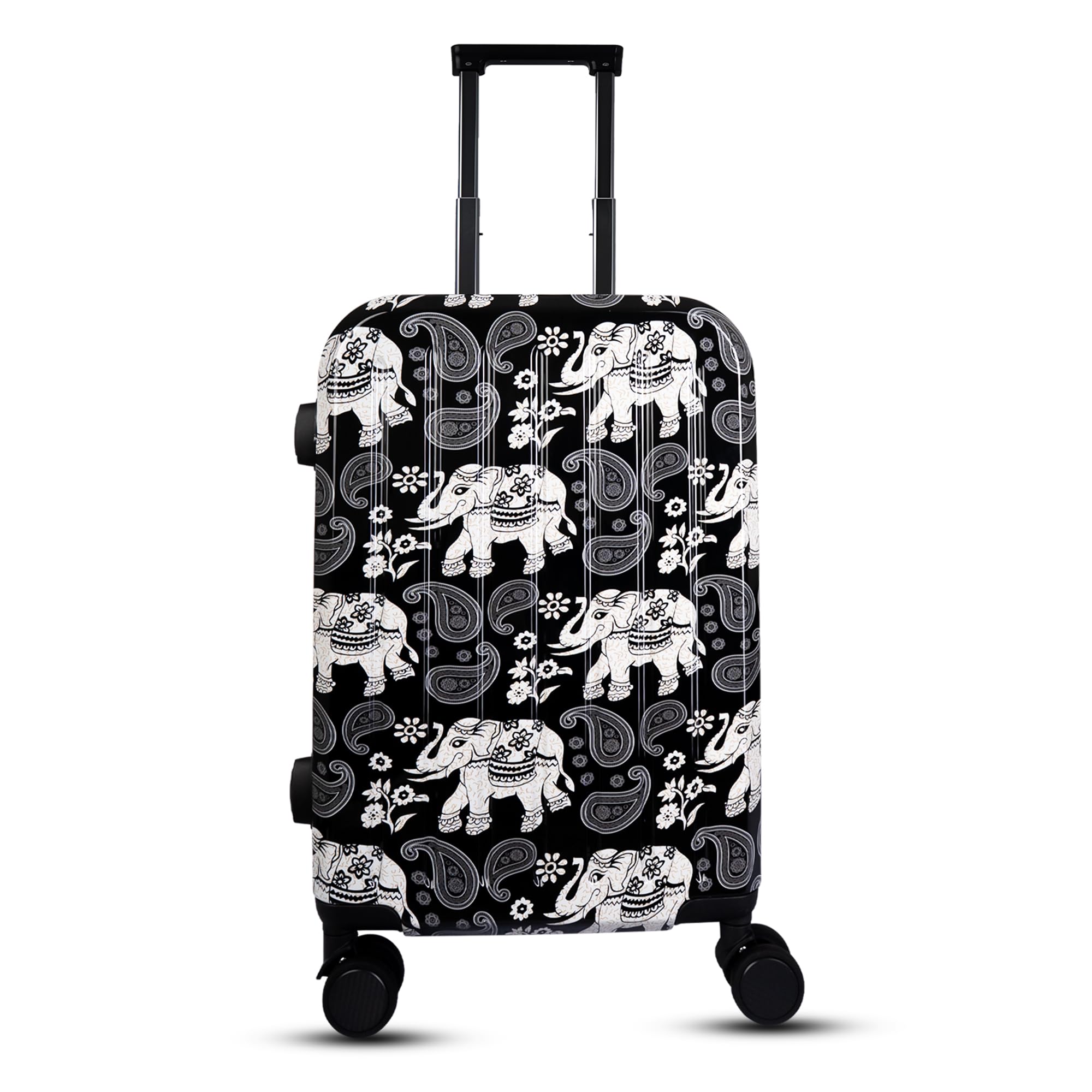 Trolley Bag 20-Inch Hard Shell Spinner Cabin Luggage 4 Wheels with Elephant Print – Carry On Suitcase | Smooth 8-Wheel Suitcase | Secure Combination Lock with Sturdy Zipper (Black)-image-30