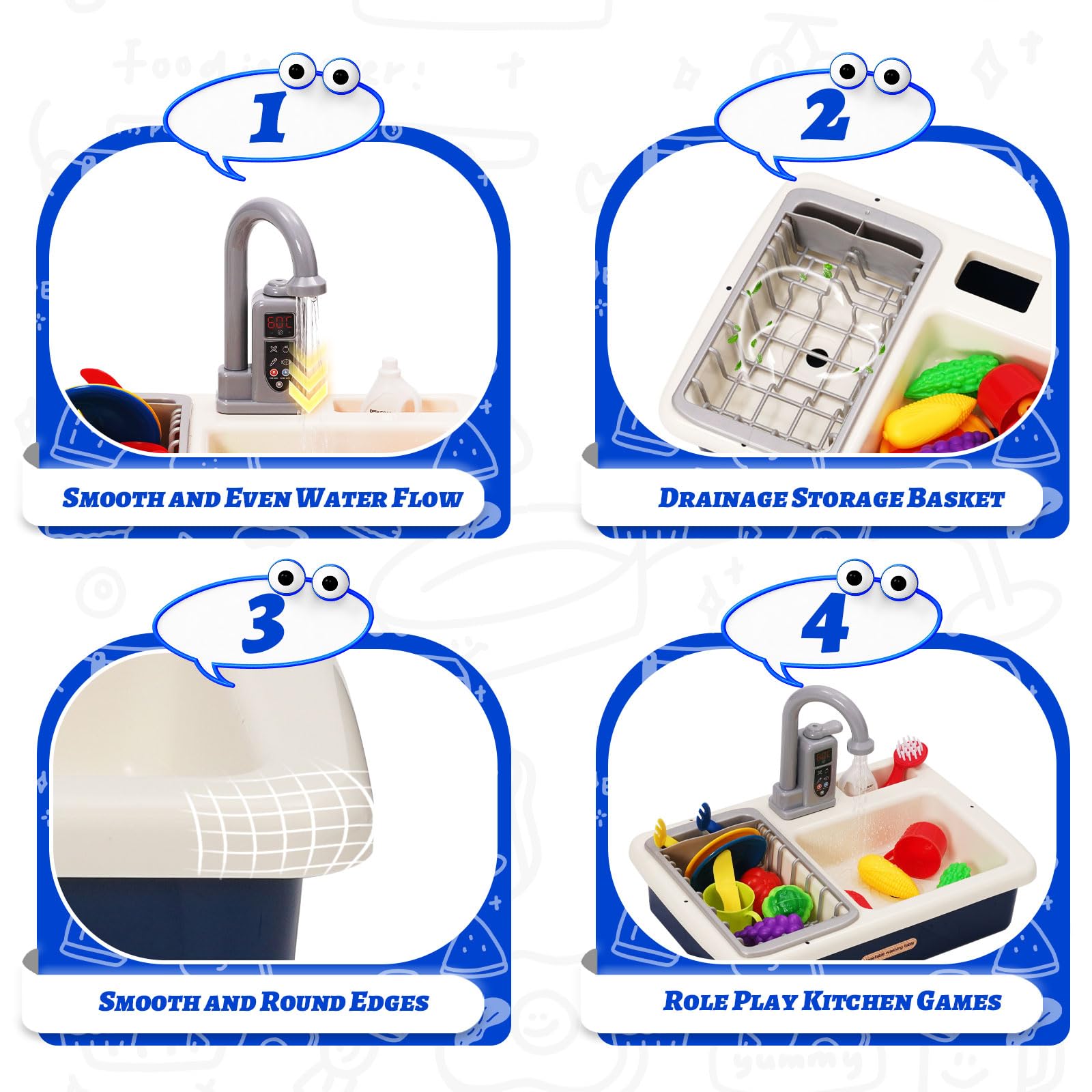 Küchenspüle Spielzeug Set mit Wasserkreislauf, Waschbecken Kinder mit Fließendem Wasser, Spielküche Kinderküche Zubehör, Obst und Gemüse Spielzeug, Rollenspiel für Jungen und Mädchen ab 3 Jahre(Blau)