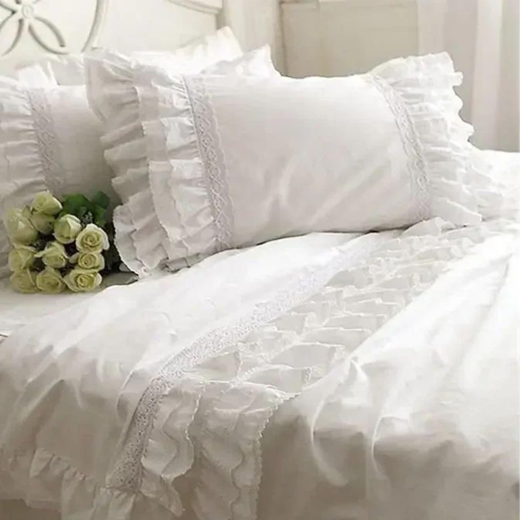 Peosaard White Lace Pillow Cases, Ruffle Pillow Case, 19X29 Inch Embroidery Cotton Case With Matching Lace & Ruffle, Washable Shabby Pillowcase For Couch Bed Decoration, Pillowcase