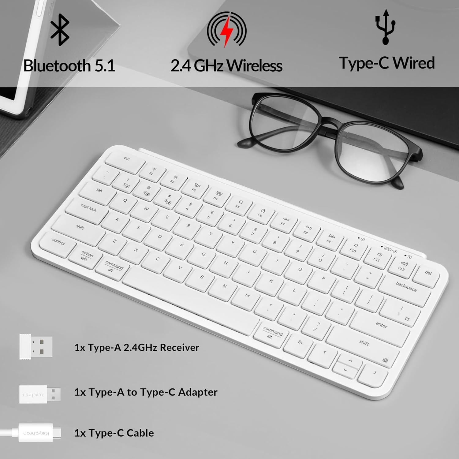 Keychron B1 Pro Ultra-Slim ZMK/Launcher Wireless Bluetooth 2.4 GHz/Wired Connection Keyboard for Mac Windows Linux - White