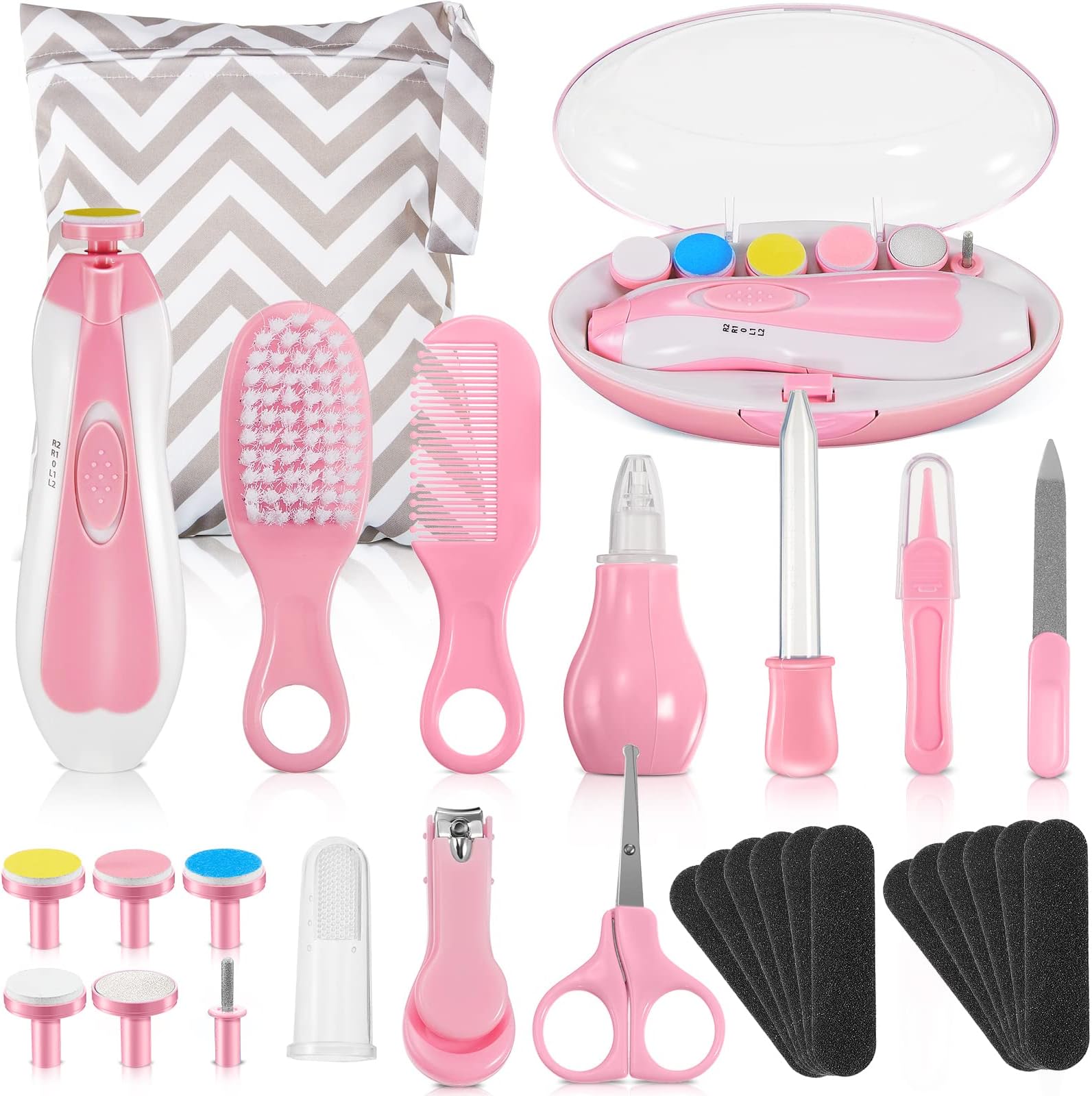 Baby Healthcare and Grooming Kit 30-in-1 Baby Electric Nail Trimmer Set Nursery Baby Healthcare Kit for Infant Newborn Toddler Boys Girls Haircut Tool Nail Clipper Comb Nasal Aspirator, Pink