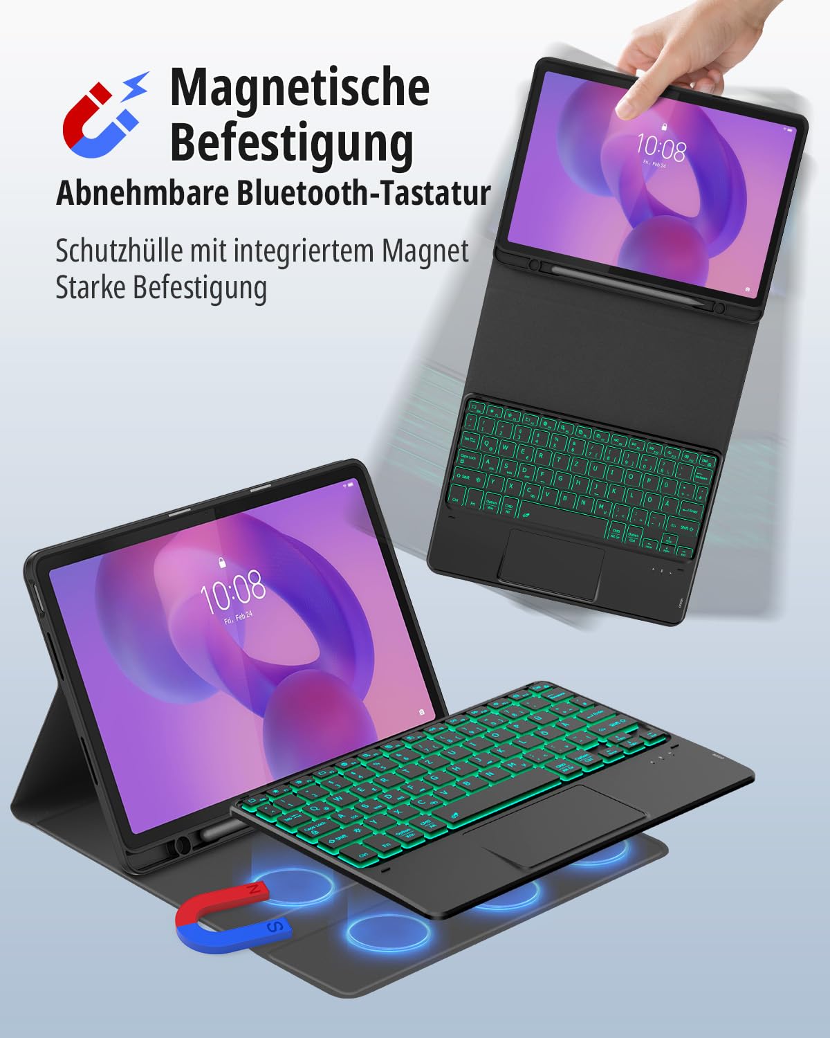 CACOE Tastatur Hülle für Lenovo Idea Tab 2025 11 Zoll (TB-336ZU TB-336FU) mit Touchpad, 7-Farbige Hintergrund Beleuchtung, Abnehmbare Kabellose [QWERTZ] Tastatur Hülle mit Stützfunktion, Schwarz