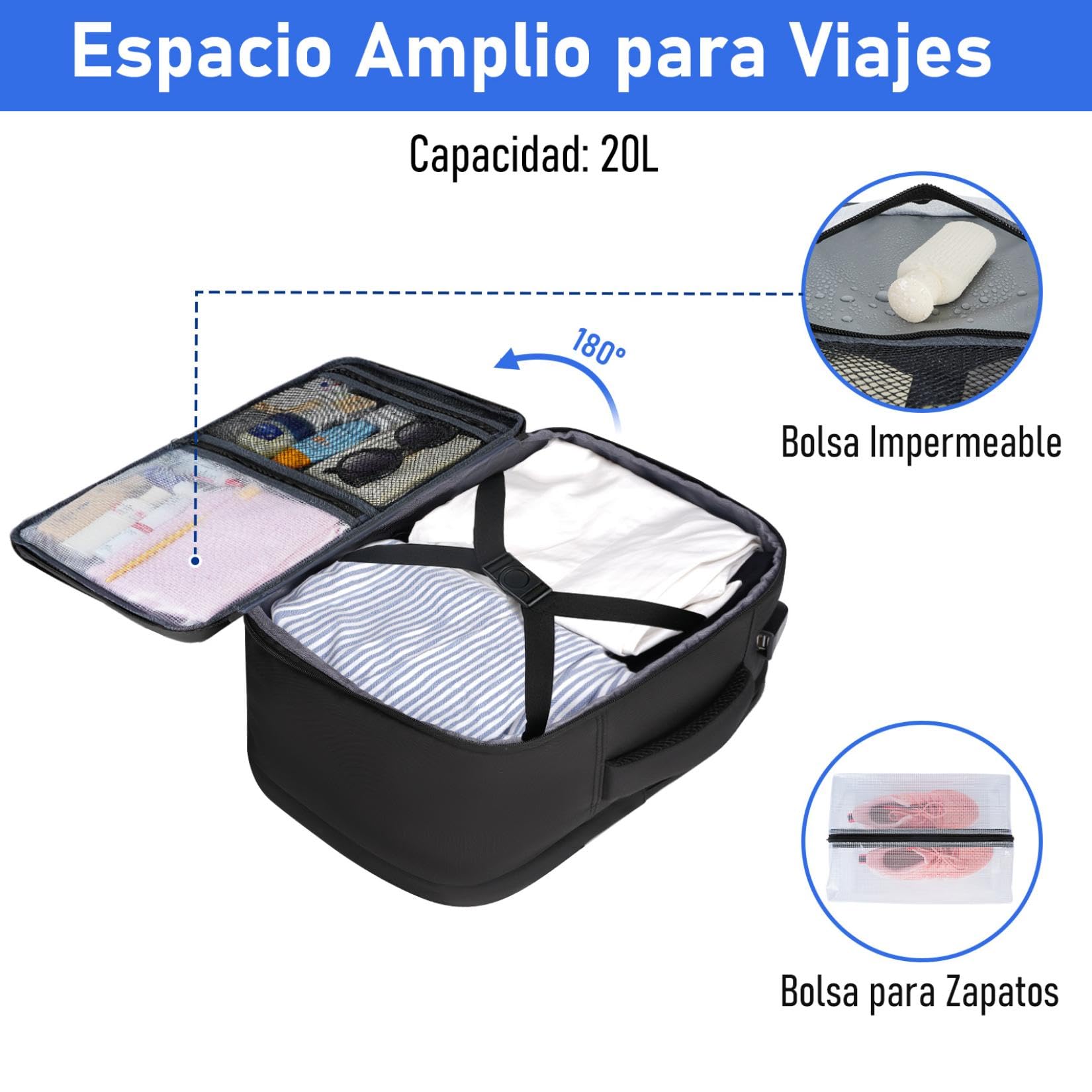 Taygeer Mochila 40x30x20 Ryanair con Bolsa para Zapatos, Mochila Cabina 40x30x20 Portatil 15.6" con Bolsa Impermeable Maletas de Viaje 24L Equipaje de Mano Mujer Hombre para Uso Diario, Viaje, Negro