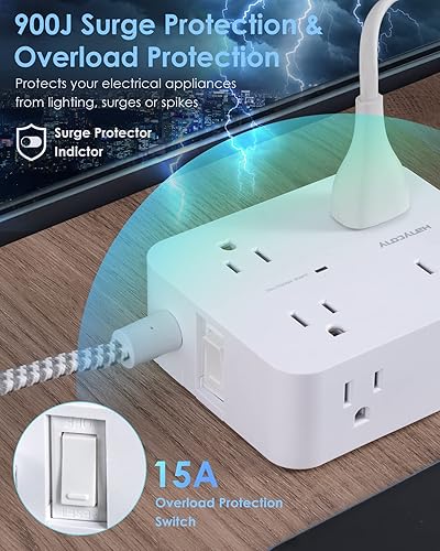 Miniatura 6 de Regleta protectora de sobretensiones de 6 pies con USB C, cable de extensión HANYCONY con 8 salidas (2.2 pulgadas), 4 puertos USB (2 USB C), enchufe