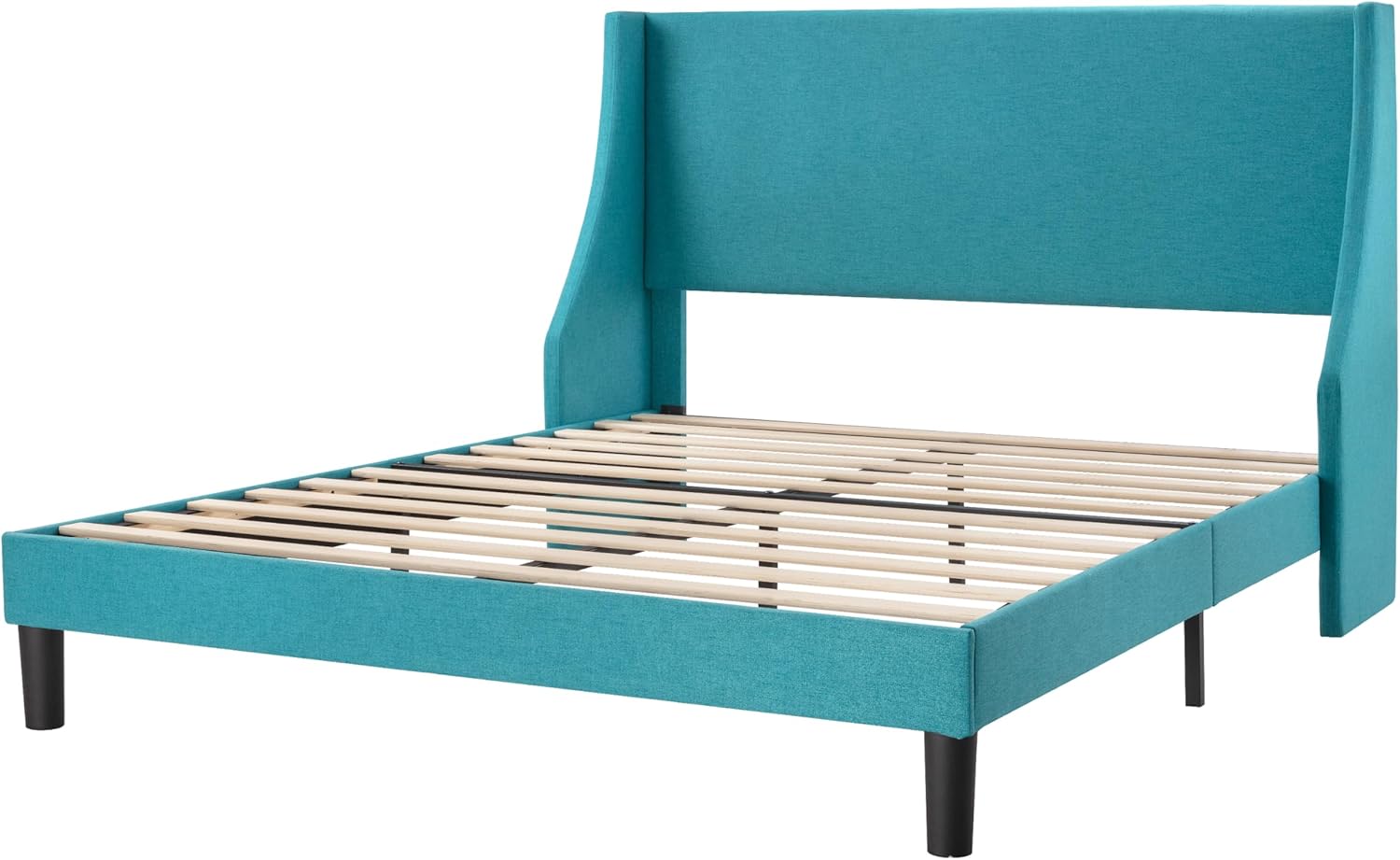 Queen Size Elegant Upholstered Bed Frame with Wingback Headboard, Sturdy Construction, Peacock Green