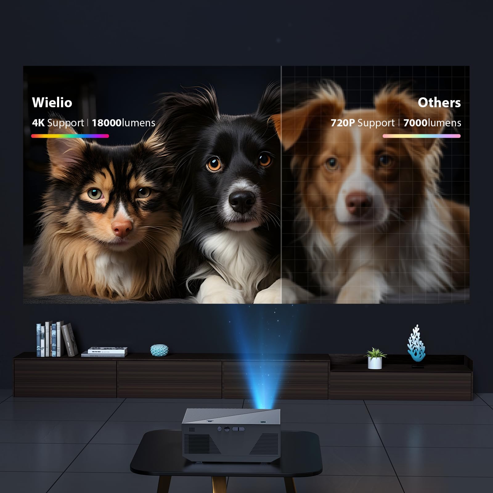 Projecteur Wielio HD, résolution 1080P compatible 4K, projecteur Bluetooth WiFi, écran HD 18 000 lumens, compatible avec une taille de projection de 30 à 200 pouces, compatible avec plusieurs appareil
