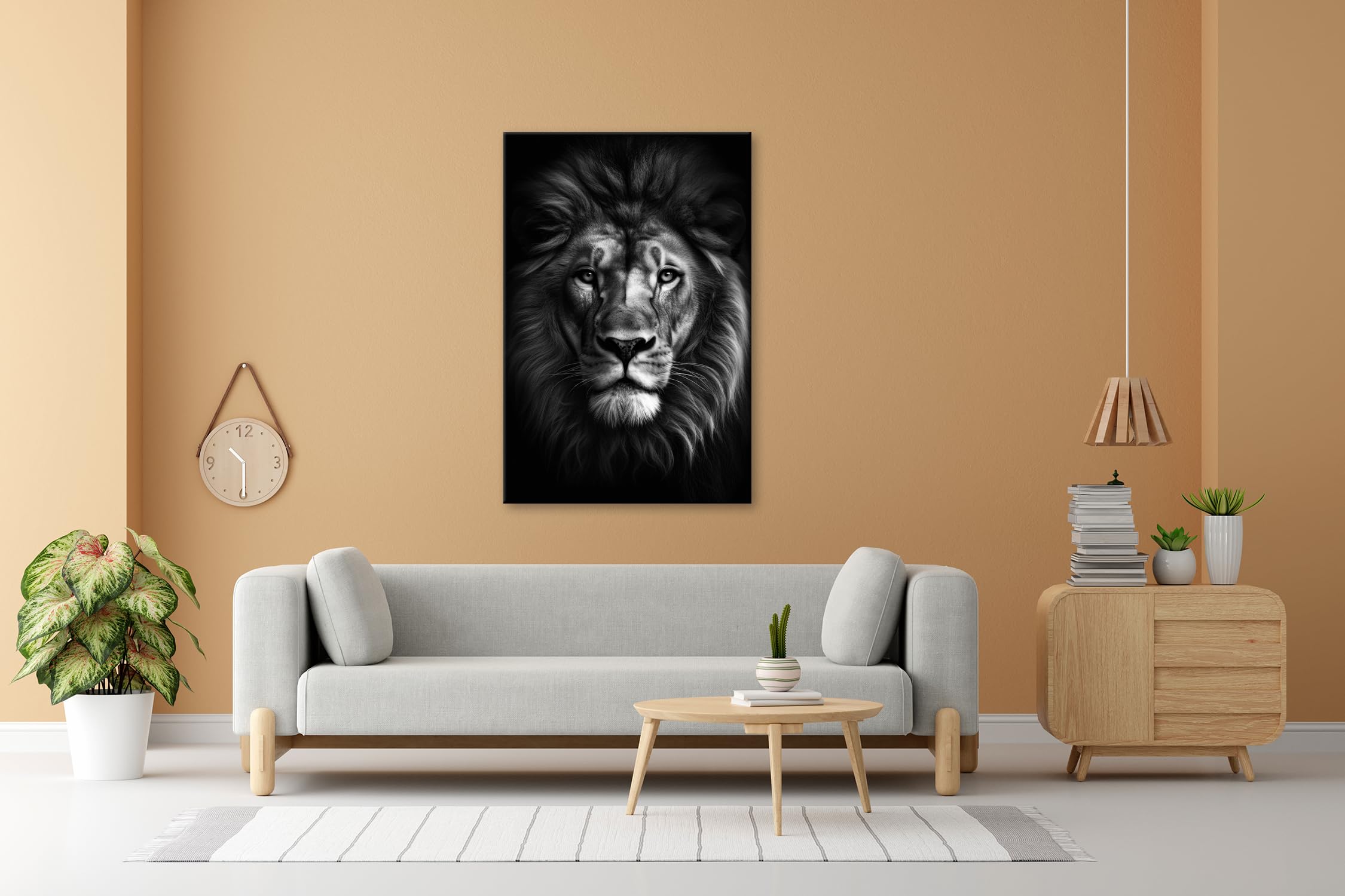 deyoli Leinwandbild Majestätischer Löwenkopf mit prachtvoller Mähne im Dunkeln Format: 120x80cm Effekt: Schwarz&Weiß XXL Kunstdruck Bild auf Keilrahmen/Wandbild/Wohnzimmer Dekoration