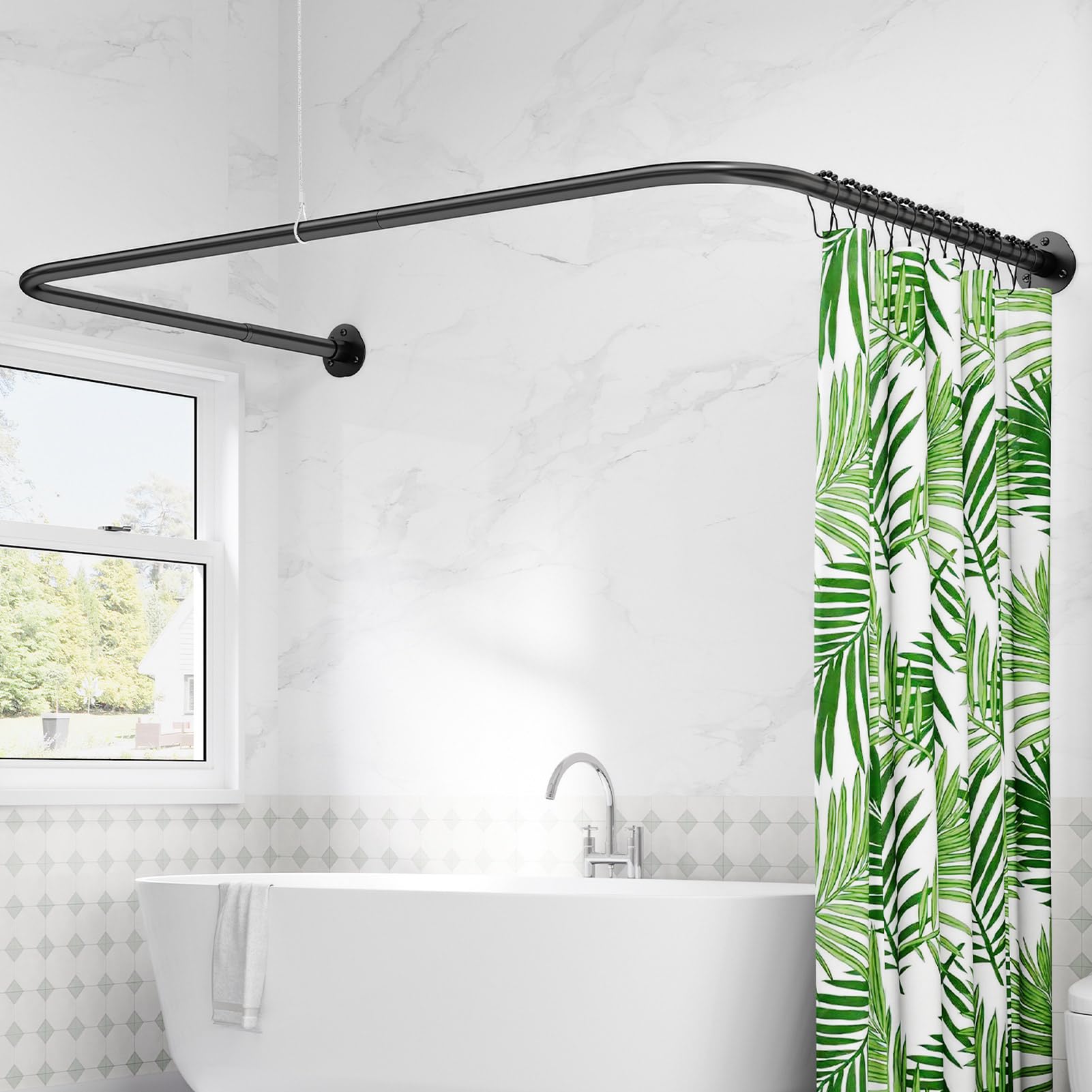 U Shaped/L Shaped Shower Curtain Rail, (60-91) X (78-196) X (60-91) cm Adjustable Curved Shower Curtain Pole With 12 Rings & Ceiling Support For Bathroom & Bathtubs, Need Drilling - Matte Black