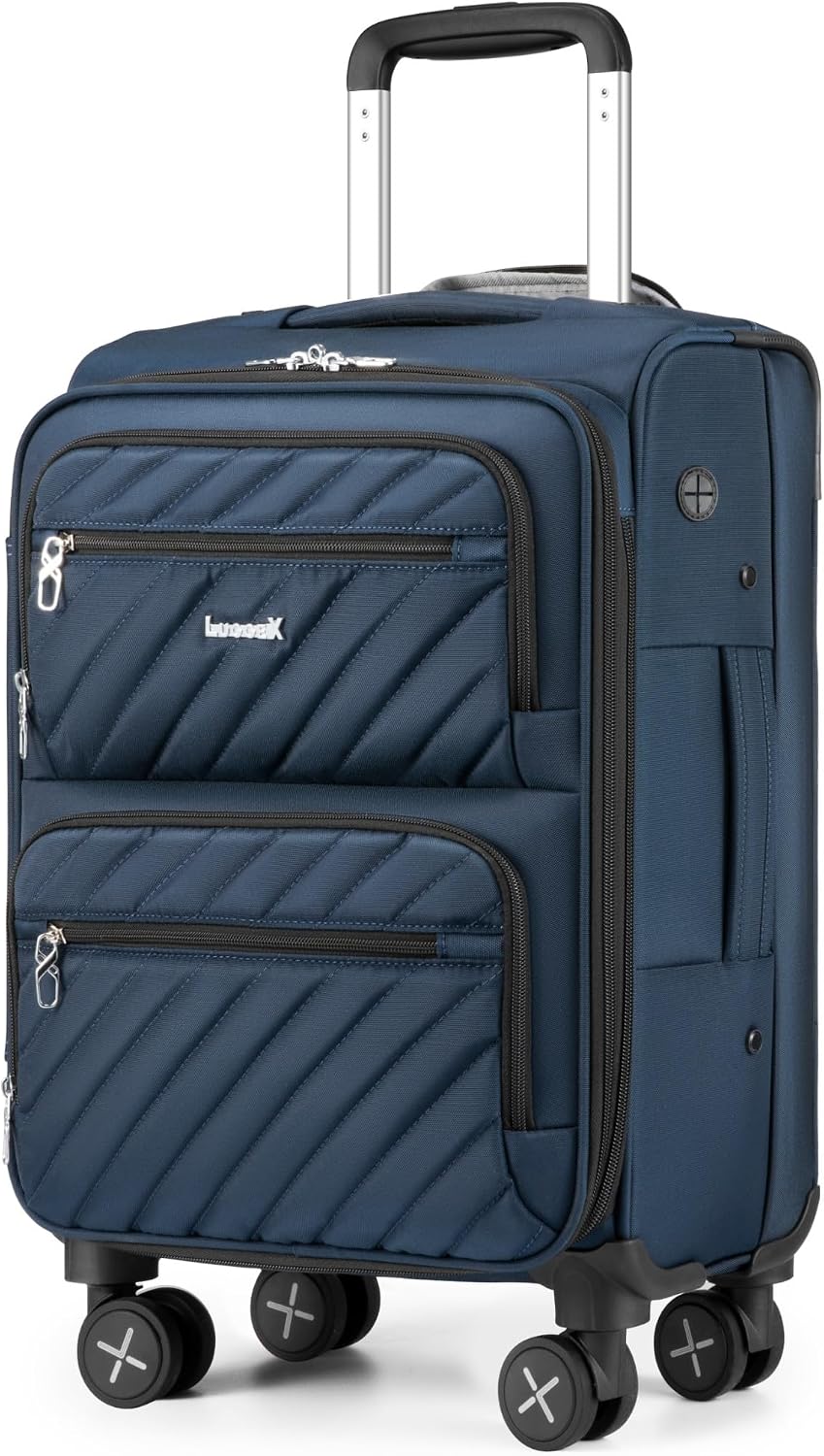 LUGGEX Carry On Luggage with Wheels, Expandable Soft Sided Rolling Suitcase with 8 Spinner Wheels & Aluminum Handle, Lightweight Travel Bag for Business Weekend Trip (UX-Core, Blue,20 Inch)